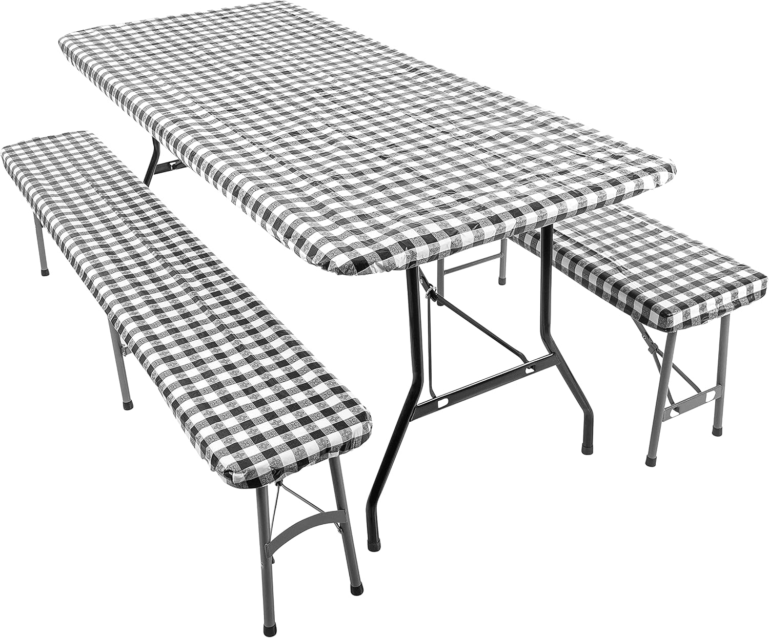 moty Fitted Picnic Table Cover with Bench Covers – Rectangular Camping Tablecloth for Picnic Table with Seat Covers – 270g Picnic Tablecloth Made of Waterproof PEVA and Polyester Fits 72” Tables
