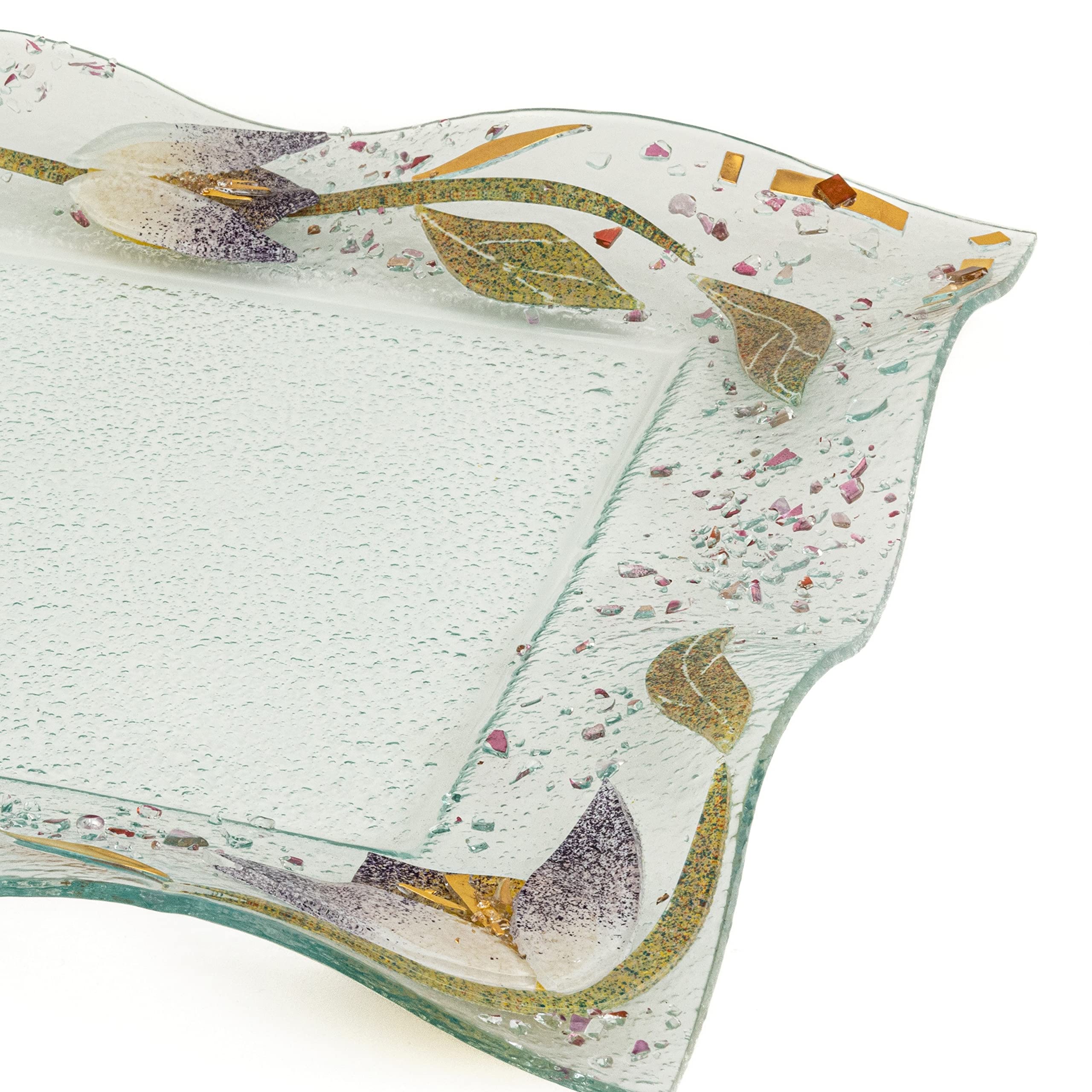 Sospiri Venezia Glastablett Teller Nippfigur Blumendekoration Handgefertigt Muranoglas mit Blattgold und farbigem Granulat in Relief verziert Venedig Geschenkidee Made in Italy (Azalee cm40x40)