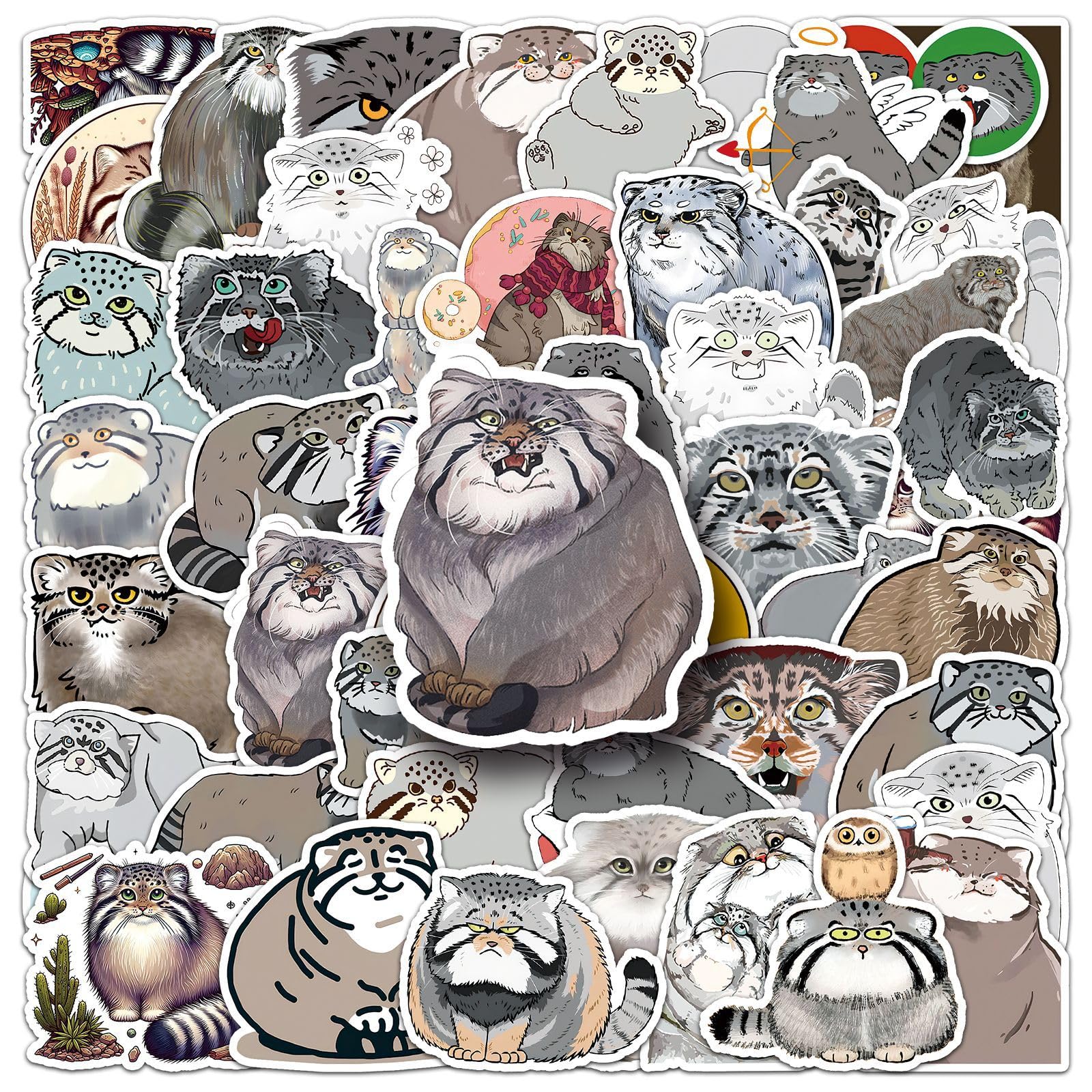 50Pcs Otocolobus Manul Stickers Laptop Car Scrapbook Phone Skateboard Suitcase Luggage Bike Otocolobus Manul Vinyl Waterproof Aesthetic Personalised Stickers for Teens Boys Girls Adults