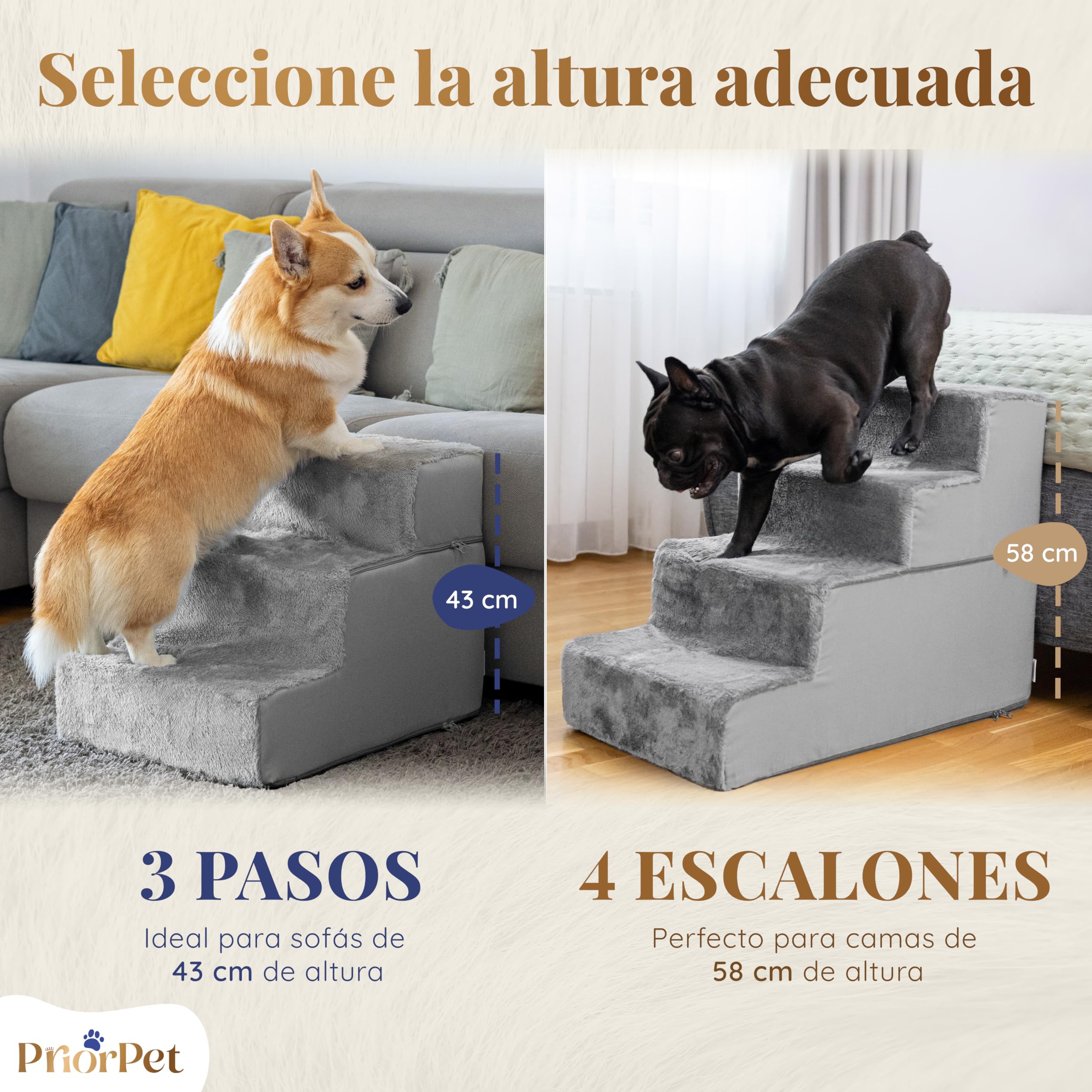 Escaleras Perros Subir a la Cama - Rampa para Perros de 4 peldaños - Escalera para Perros pequeños de Espuma de Alta Densidad de 58 cm - Base Antideslizante - Escalera para Mascotas - Gris Claro
