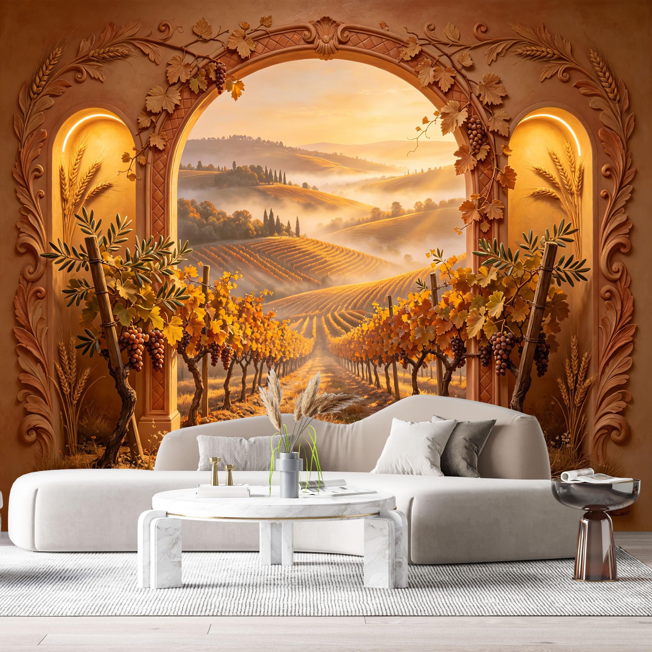 Custom Size Wall Murals Vineyard Landscape Sunset Farmhouse 3D Trompe L'Oeil SelfAdhesiveWall Fabric Removable Wallpaper Wall Decor for Living Room Bedroom Bathroom