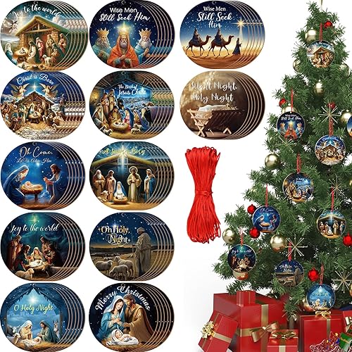 Miniatura 15 de Soaoo 72 piezas de adorno navideño de madera de Jesús, decoración de Navidad religiosa cristiana con cuerdas rojas para decoración de fiesta