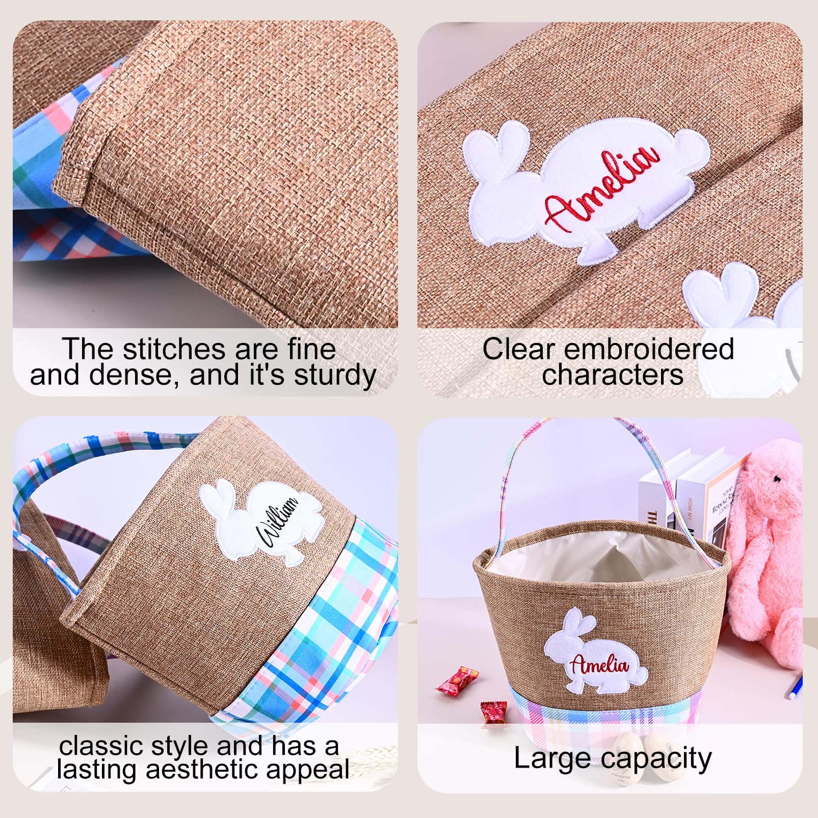 Personalized Name Basket for Boys Girls Easter Bunny Basket for Kids Egg Hunting Easter Basket Gift for Holidays(Pink)