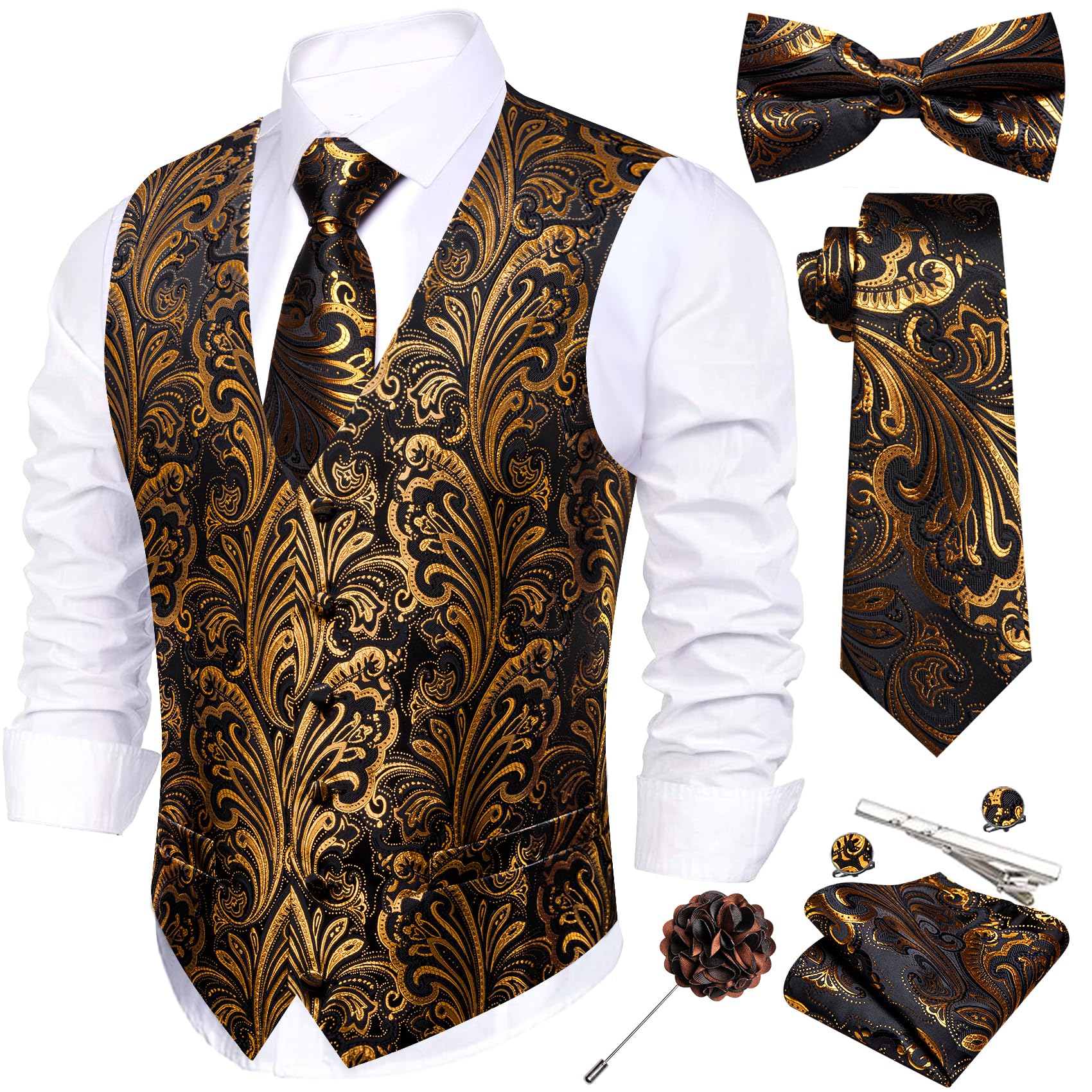Barry.Wang Set di 7 gilet da uomo in seta jacquard con scollo a V, set da 7 pezzi, gilet formale con cravatta papillon e tasca quadrata per matrimoni e affari