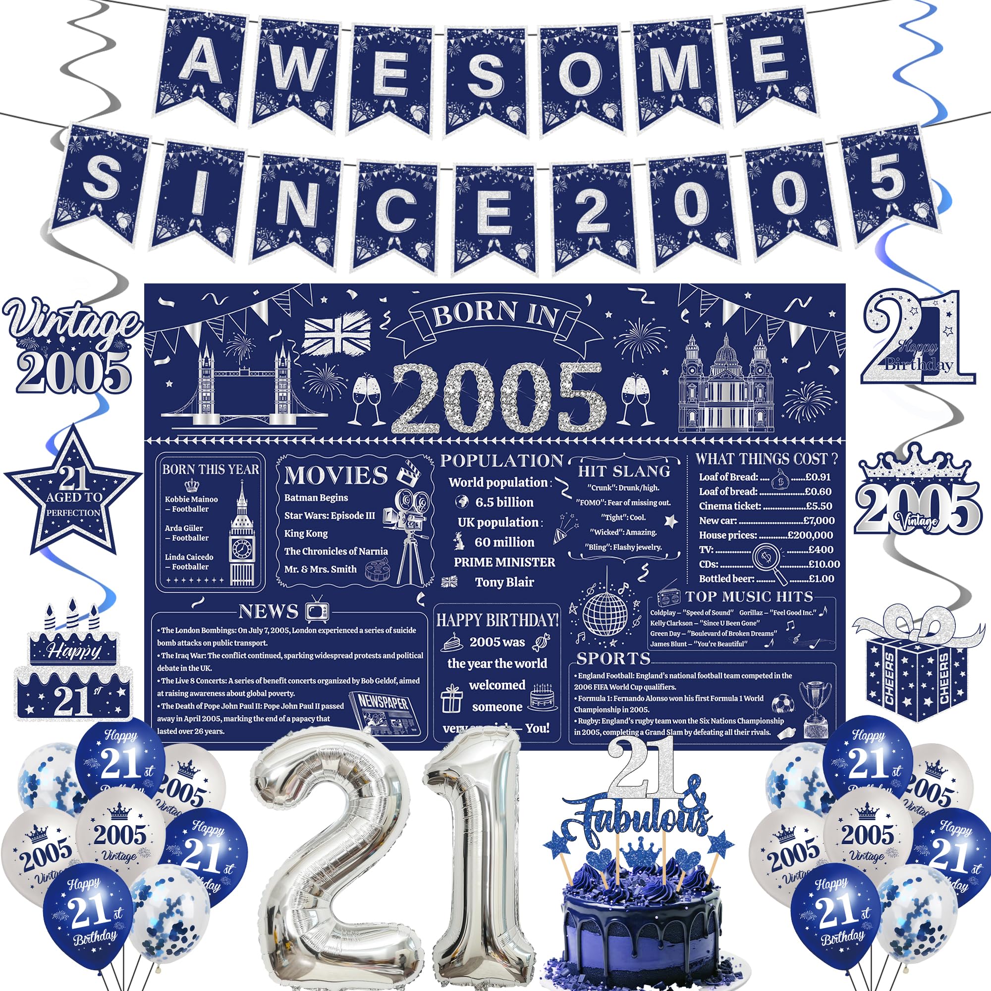 21st Birthday Decorations Him Kit - 32 Pcs Blue Sliver Awesome Since 2005 Banner Born in 2005 Backdrop Hanging Swirls Streamers Cake Topper 21 Balloon Set for 21 Year Old Party Decoration Supplies