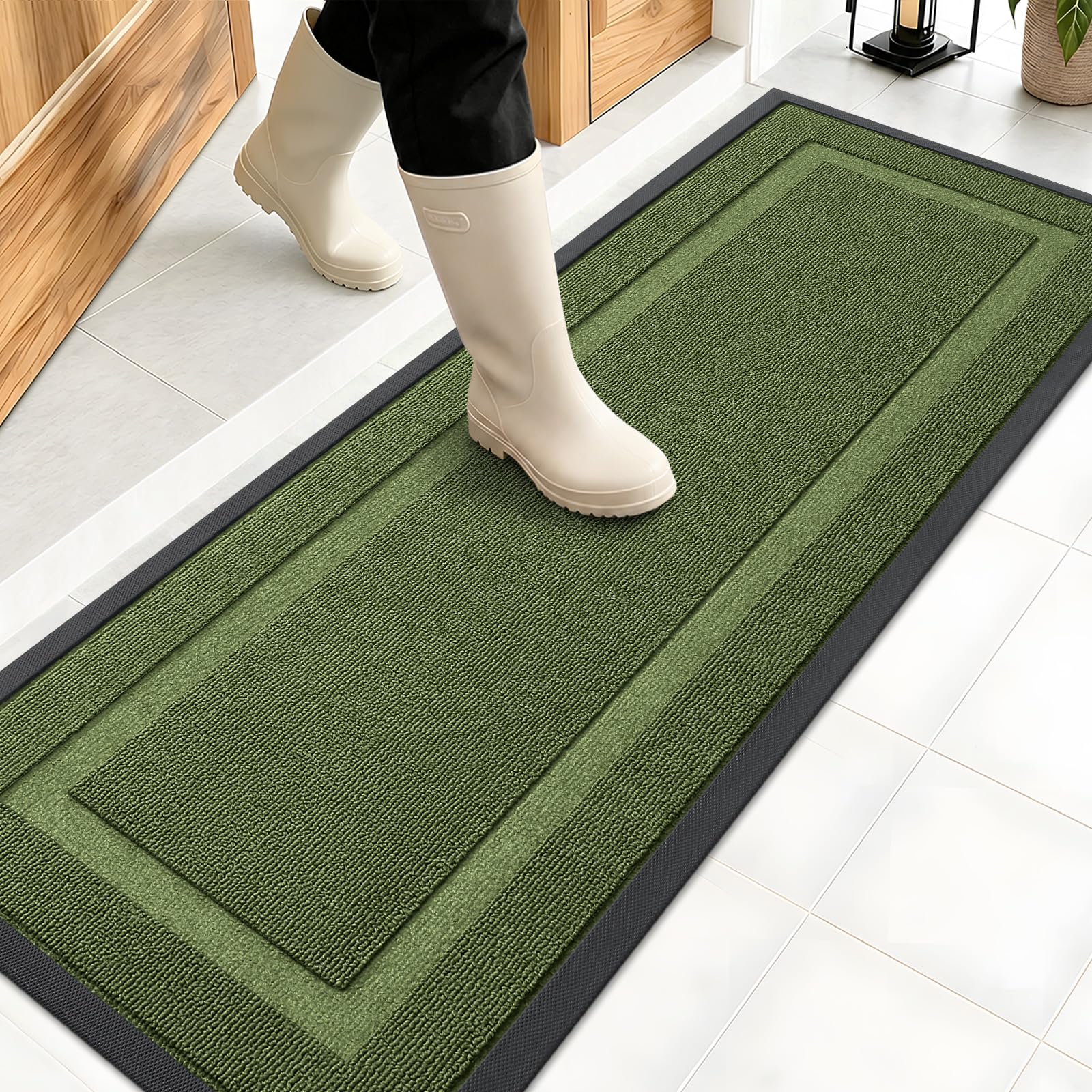 OLANLY Front Door Mat Outside 47x17, All-Season Heavy-Duty Rubber Doormat | Classic Green, Absorbent, Stain and Fade Resistant, Non-Slip Backing, Low-Profile Indoor Outdoor Floor Mat for Entryway