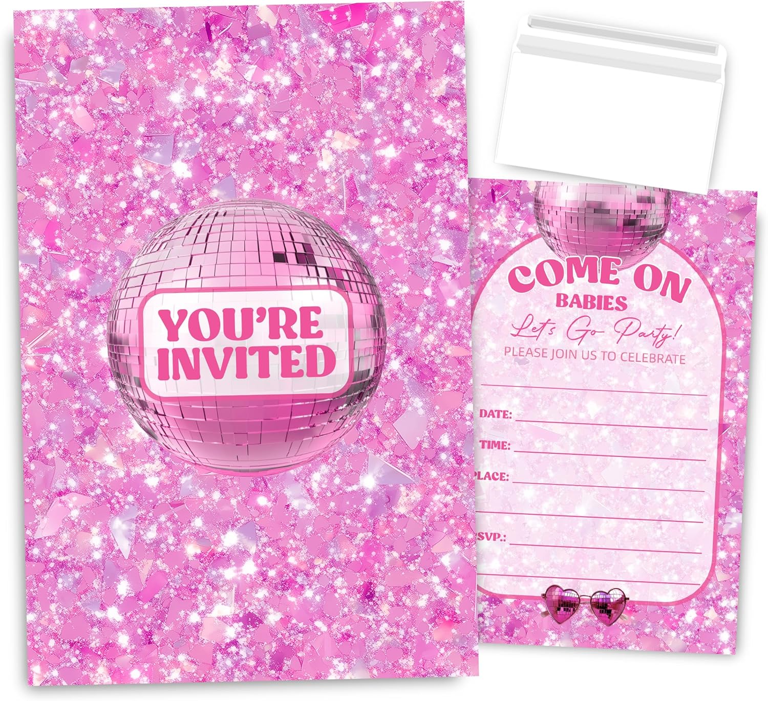 Pink Girl Birthday Invitations for Girls, Glittery Pink Disco Birthday Invites for Girl, Trendy Pinks Invites, 30 Sets with Envelopes Glitter Pink