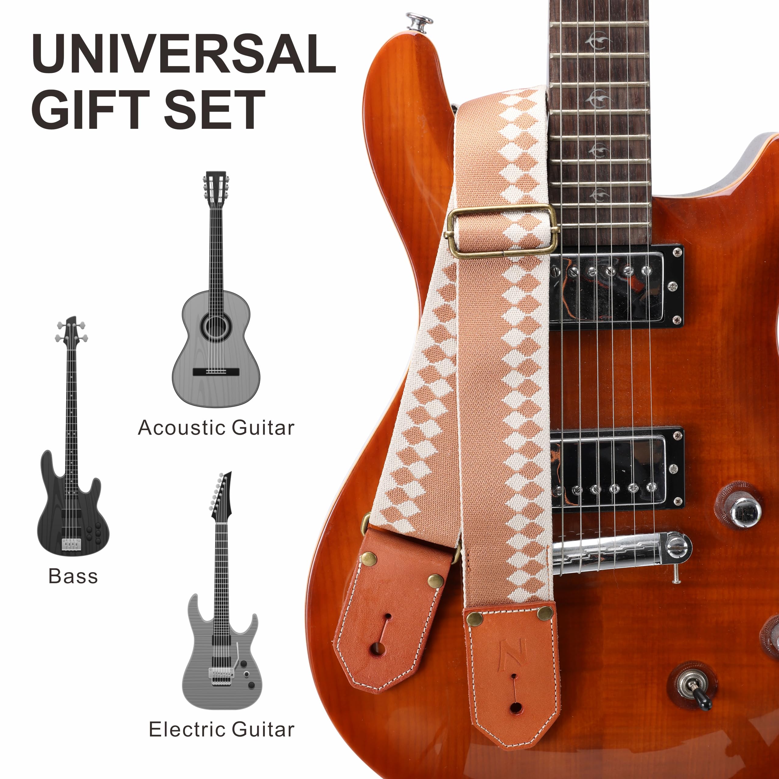 Nefelibata Correas de guitarra de algodón con primera capa gruesa de cuero vacuno curtido vegetal para acústica, bajo, eléctrico, el mejor regalo para tus guitarristas queridos