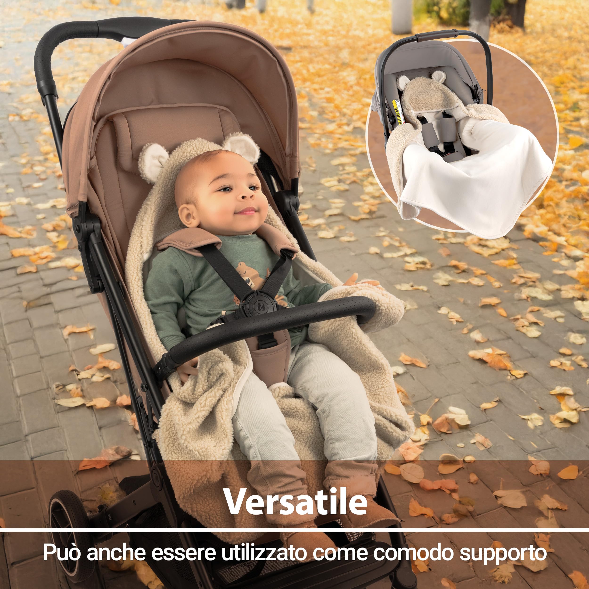 Zamboo Copertina Avvolgente - Morbida Copertina per Neonati con Cappuccio e Aperture per Cinture | Certificato OEKO-TEX, 80x80 cm - Copertina Ovetto, Seggiolini Auto, Passeggini e Carrozzine | Beige