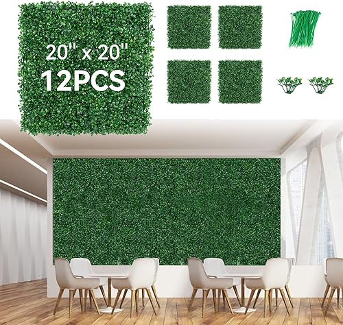 12 PCS 20"x20" Grass Wall Privacy Screen Greenery Backdrop Panels with Zip Ties,Artificial Boxwood Grass Panels Hedge Wall for Garden Yard Fence