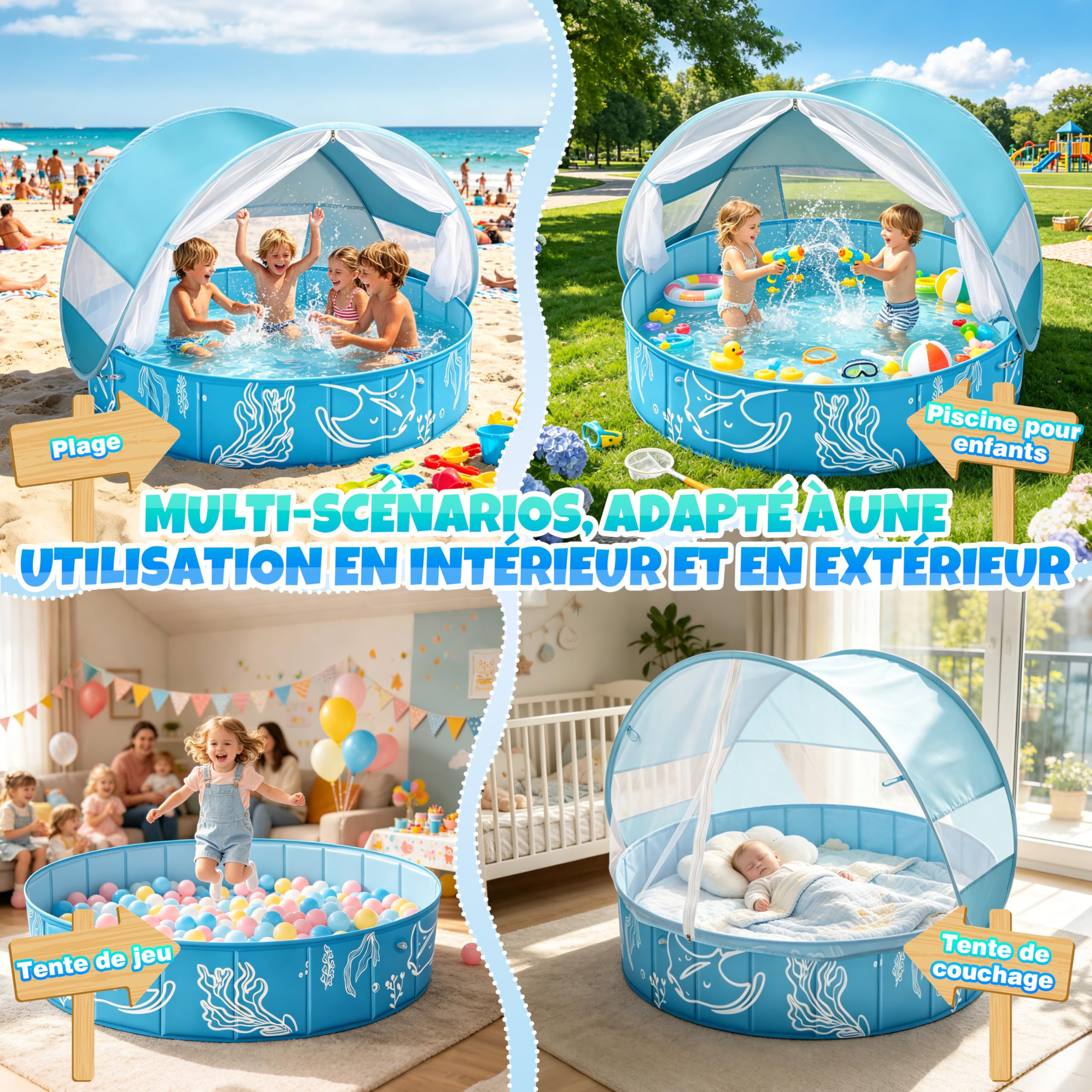 Piscine Bébé 4 en 1 120×30 cm Anti UV SPF50+ avec Auvent Pliable Tente de Plage Pour Jardin