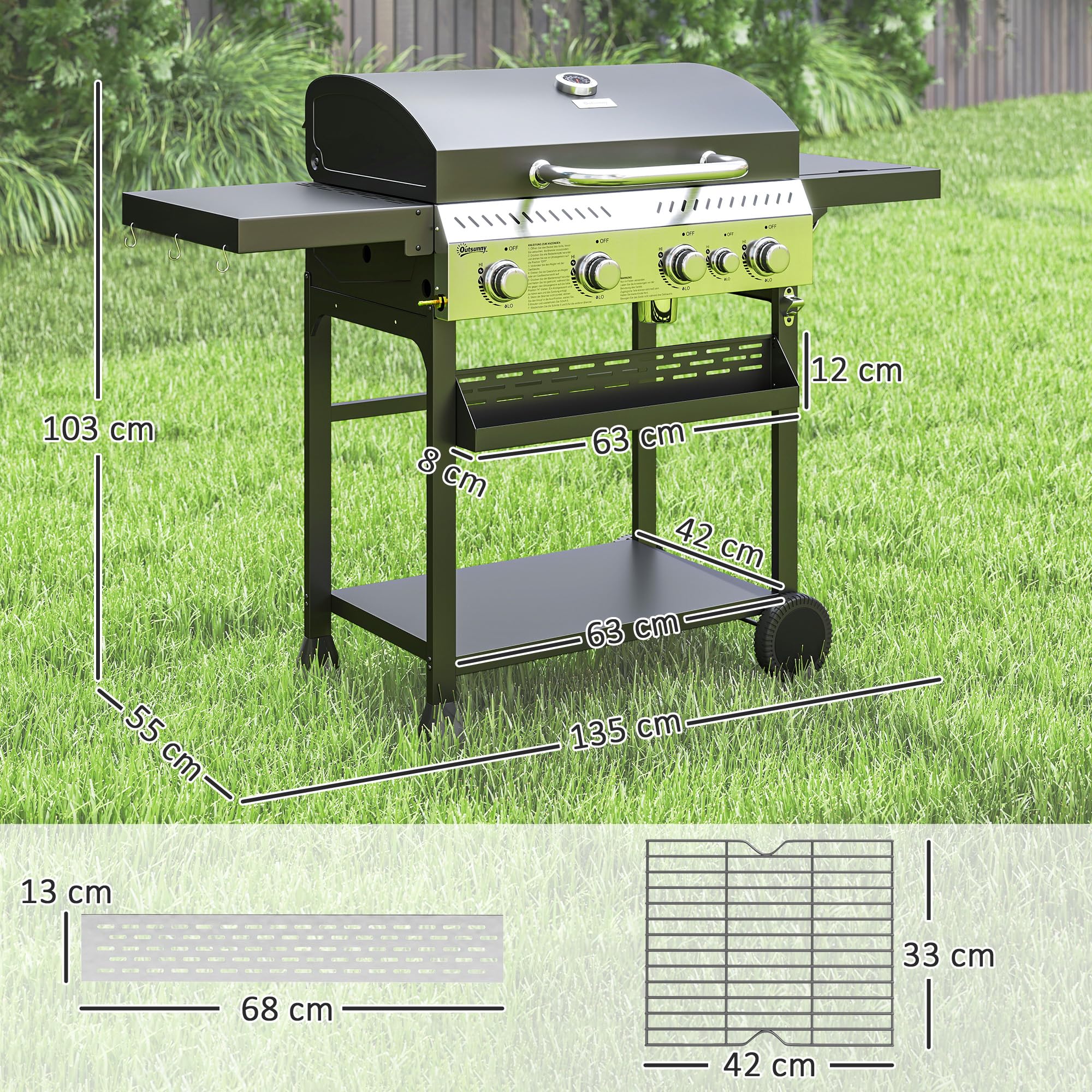 Outsunny Gasgrill 12 KW 4+1 Brenner BBQ Grillwagen aus Edelstahl mit Seitenbrenner, Thermometer, Grillrost, Kochfeld, Flaschenöffner und Seitenablagen Gasgrill für Camping Balkon 135 x 55 x 103cm