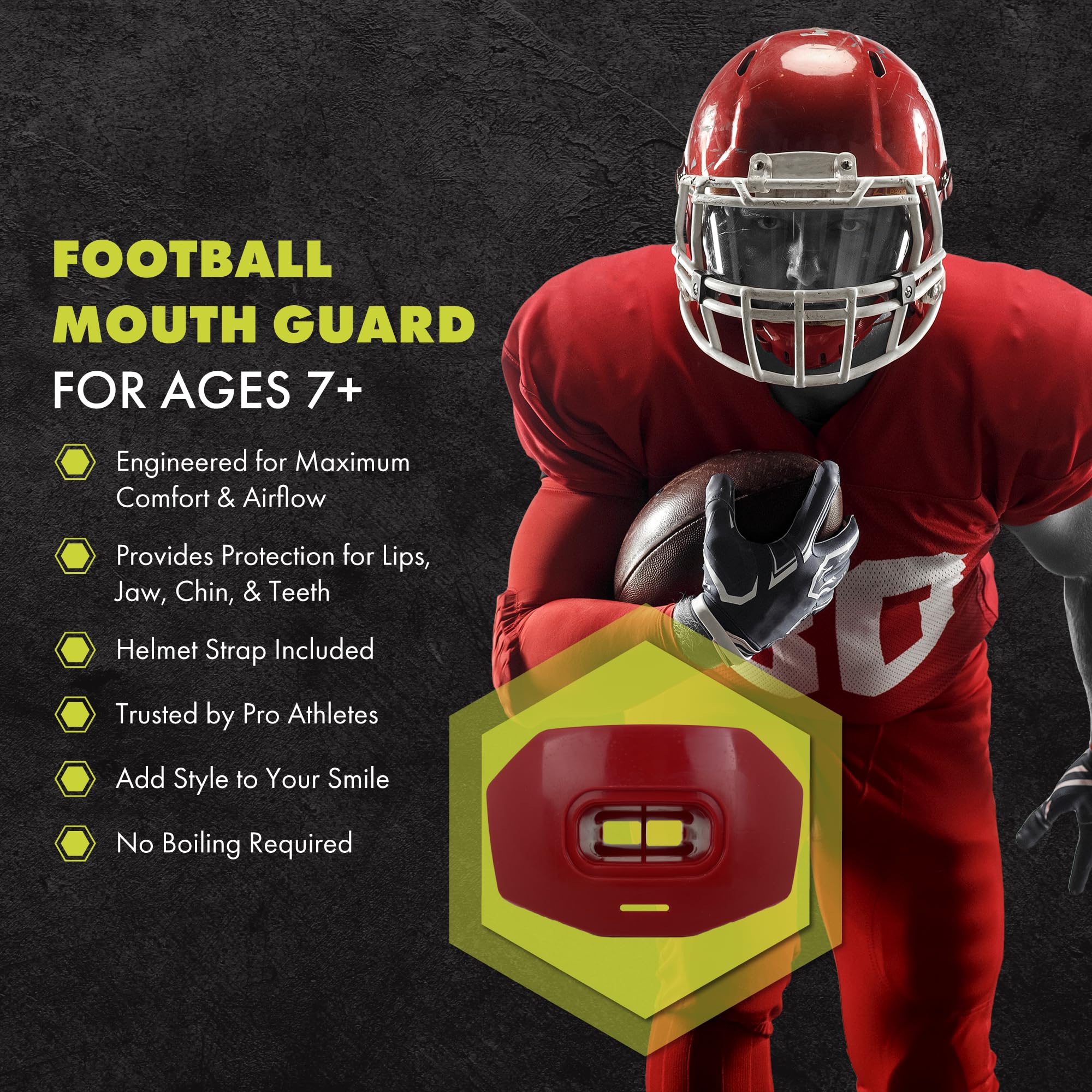 DAMAGE CONTROL Youth Football Mouth Guard – Breathable No Boil Mouthpiece, Protects Lips & Teeth, Works with Braces, Includes Helmet Strap – Sports Gear & Accessories