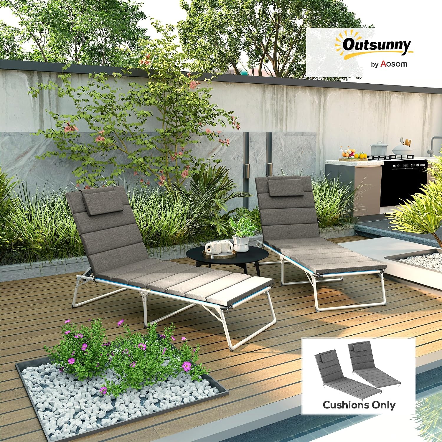 Outsunny Outdoor Lounge Chair Cushion Set of 2, 80" x 26" UPF50+ 230gsm Olefin and 25D High-Density Foam, Foldable Patio Chaise Lounge Cushion Set, Fade Resistant for Lawn Pool, Charcoal Gray
