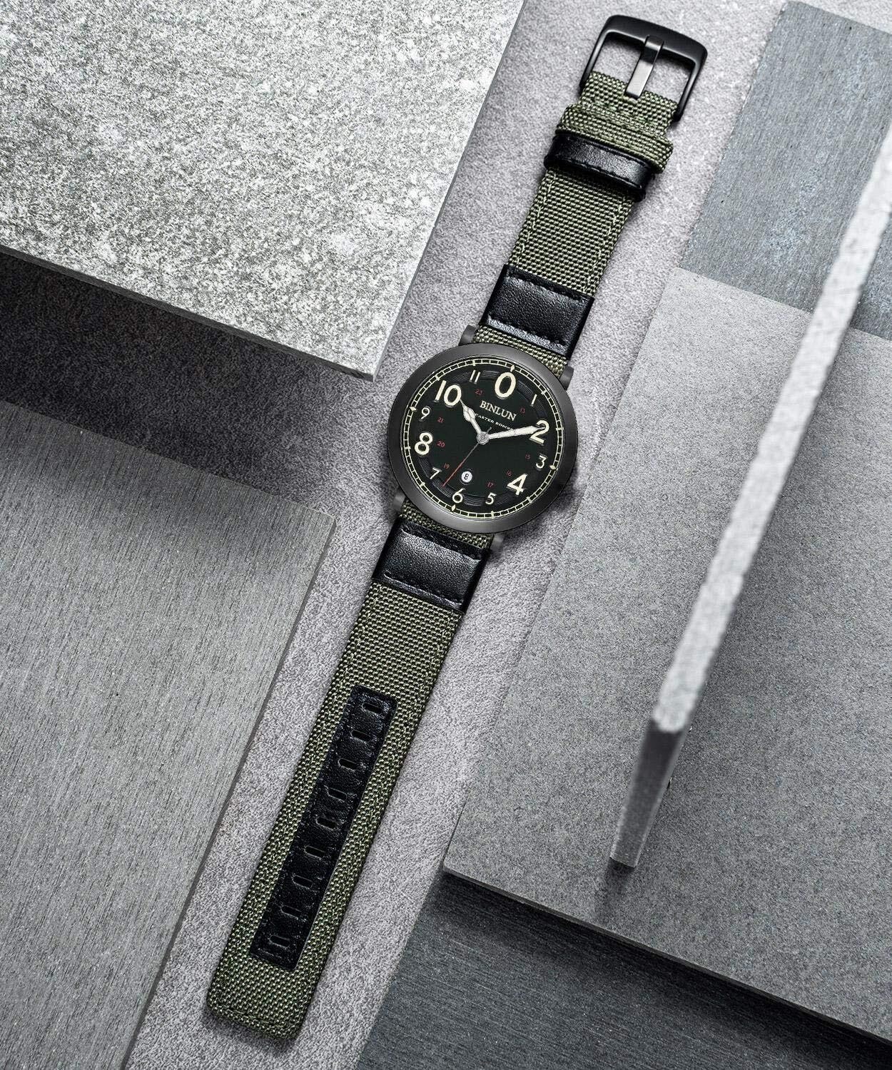Correas de reloj, Correa de reloj híbrida lona y cuero genuino(Green,18mm)