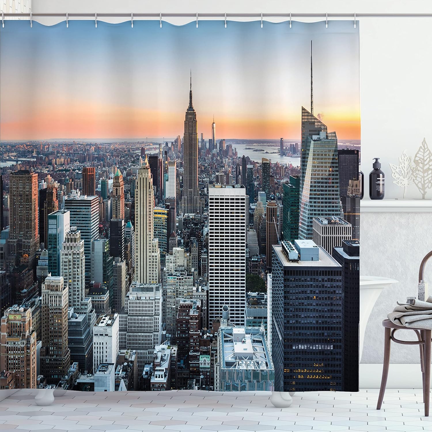 Ambesonne New York Shower Curtain, NYC Manhattan Skyline Cityscape Contemporary Sunset Landscape Photo Print, Cloth Fabric Bathroom Decor Set with Hooks, 69" W x 70" L, Grey and Orange