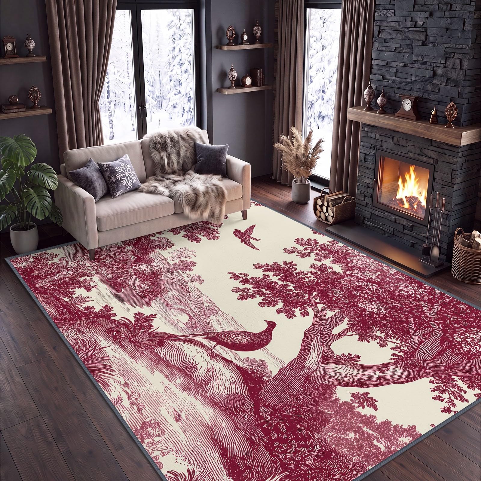 Générique Tapis Lavable en Machine 140 x 200 cm Animaux Oiseaux Branches Feuilles Tapis Poils Courts Anti-Poussière – Design Élégant et Antidérapant – Parfait pour Salon, Chambre et Couloir, Rouge