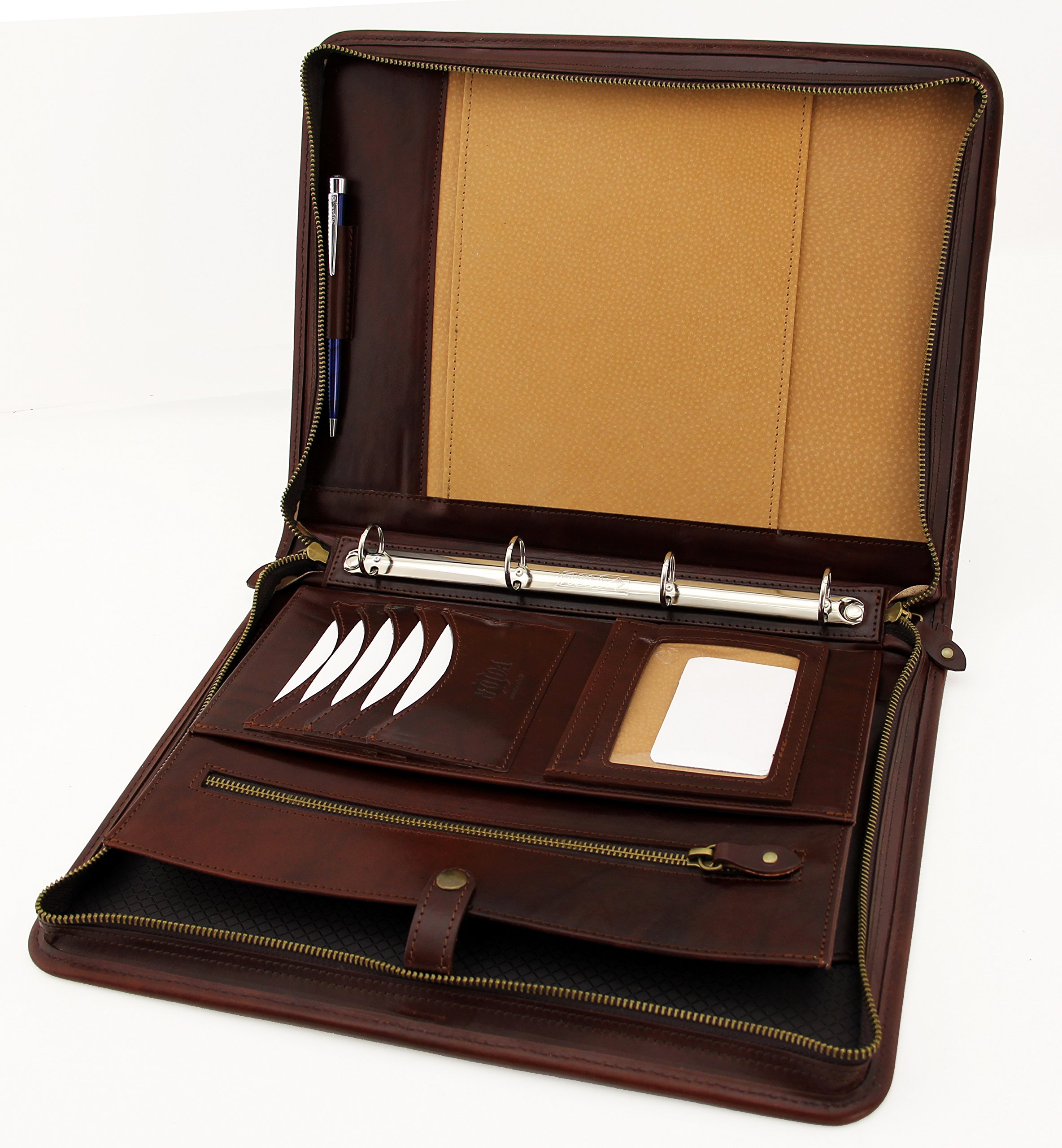 Pelle italiana portafoglio, con zip, formato A4, 4 Padfolio raccoglitore ad anelli, in pelle Folio con manico Marrone