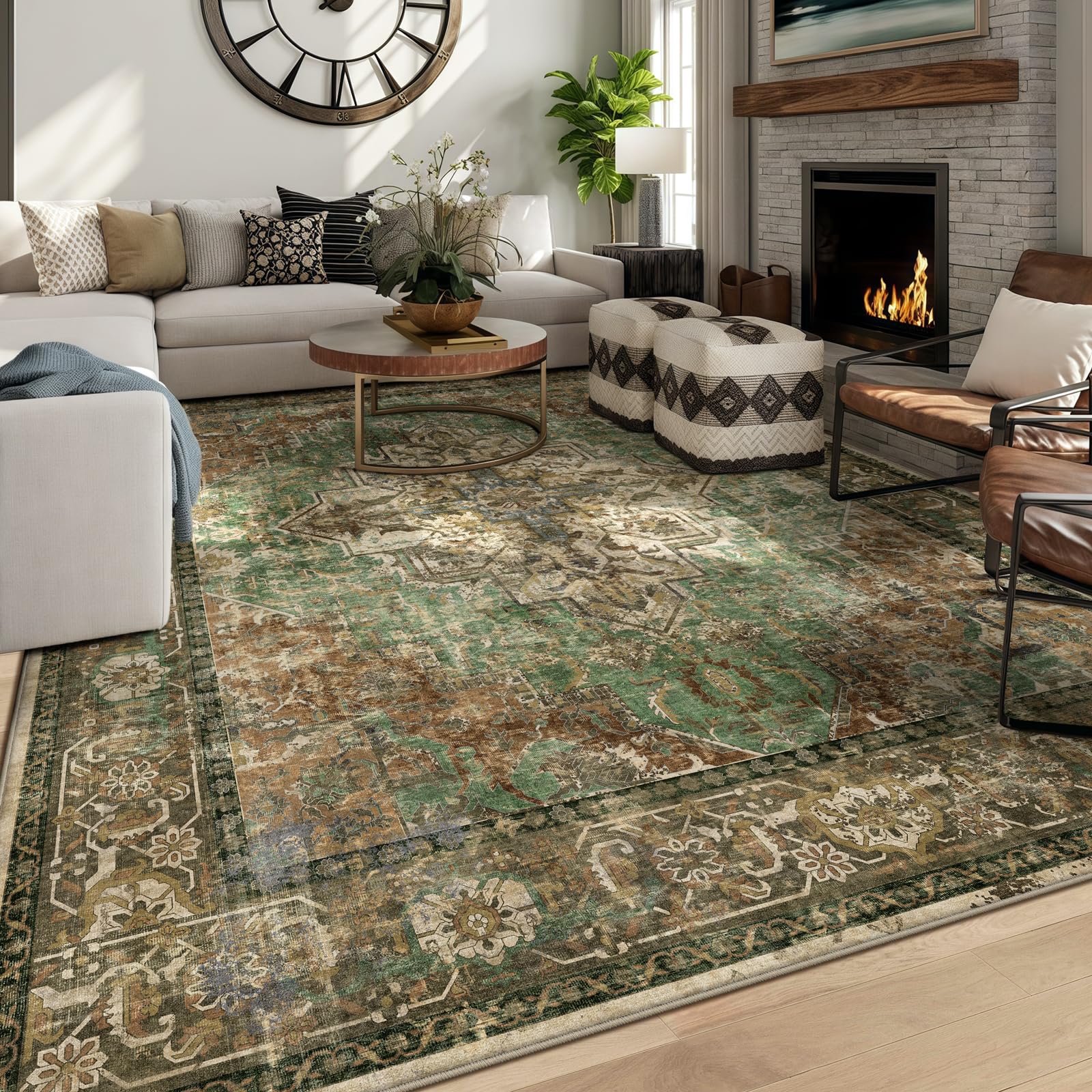 Photo 1 of Washable 8x10 Area Rug, Green Brown Floral Non-Slip for Living Room Bedroom