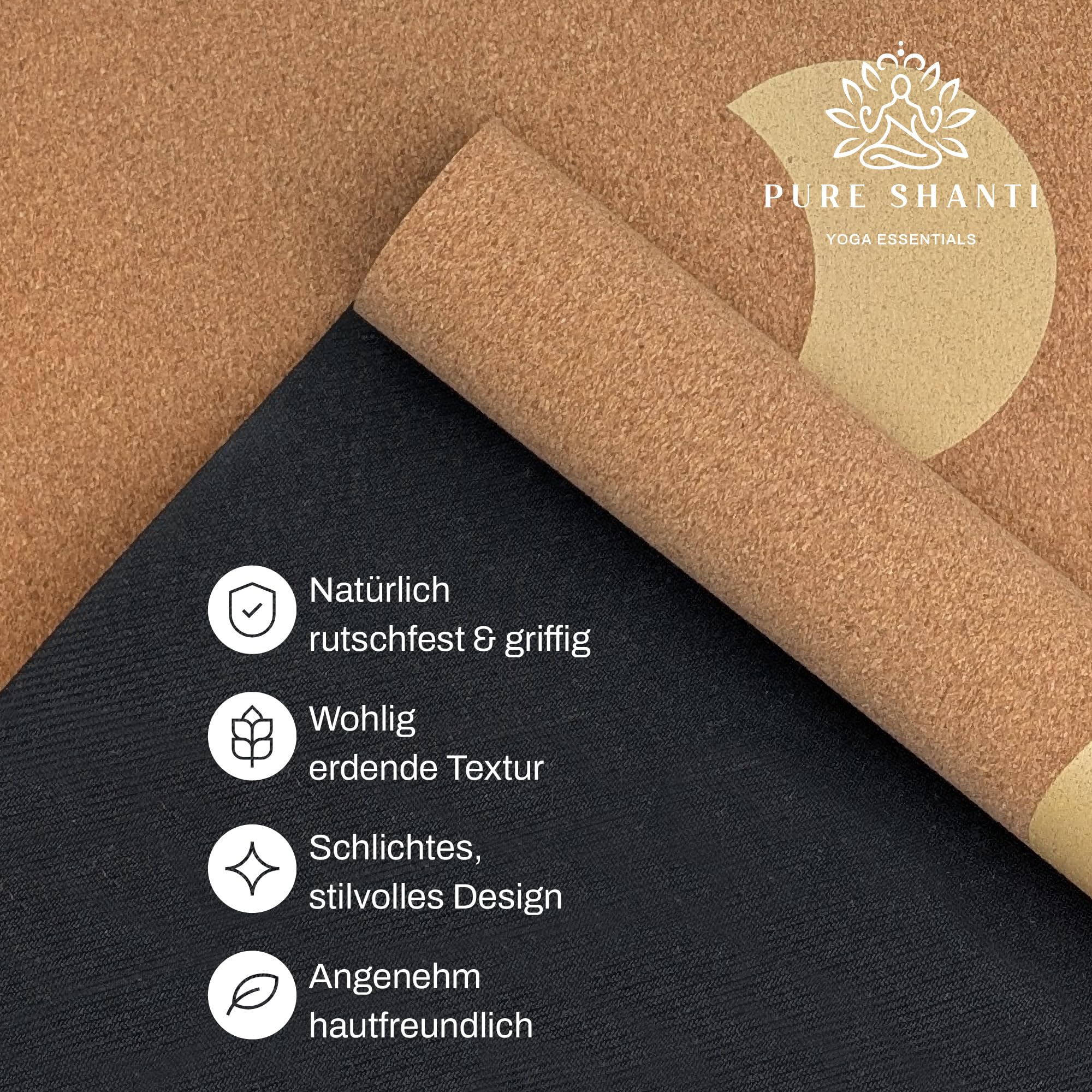 Pure SHANTI Esterilla de yoga de corcho y caucho natural, antideslizante, diseño de luna elegante, práctica de yoga con tierra, agarre perfecto, 183 x 61 x 0,3 cm