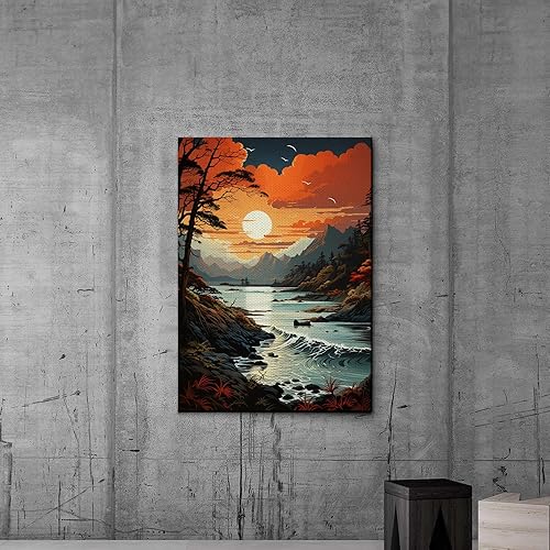 Miniatura 2 de Sun Minimalist Landscape, Trees Forest Scenic, Blue & Green Nature Wall Art, Canvas Prints, Wall Decor