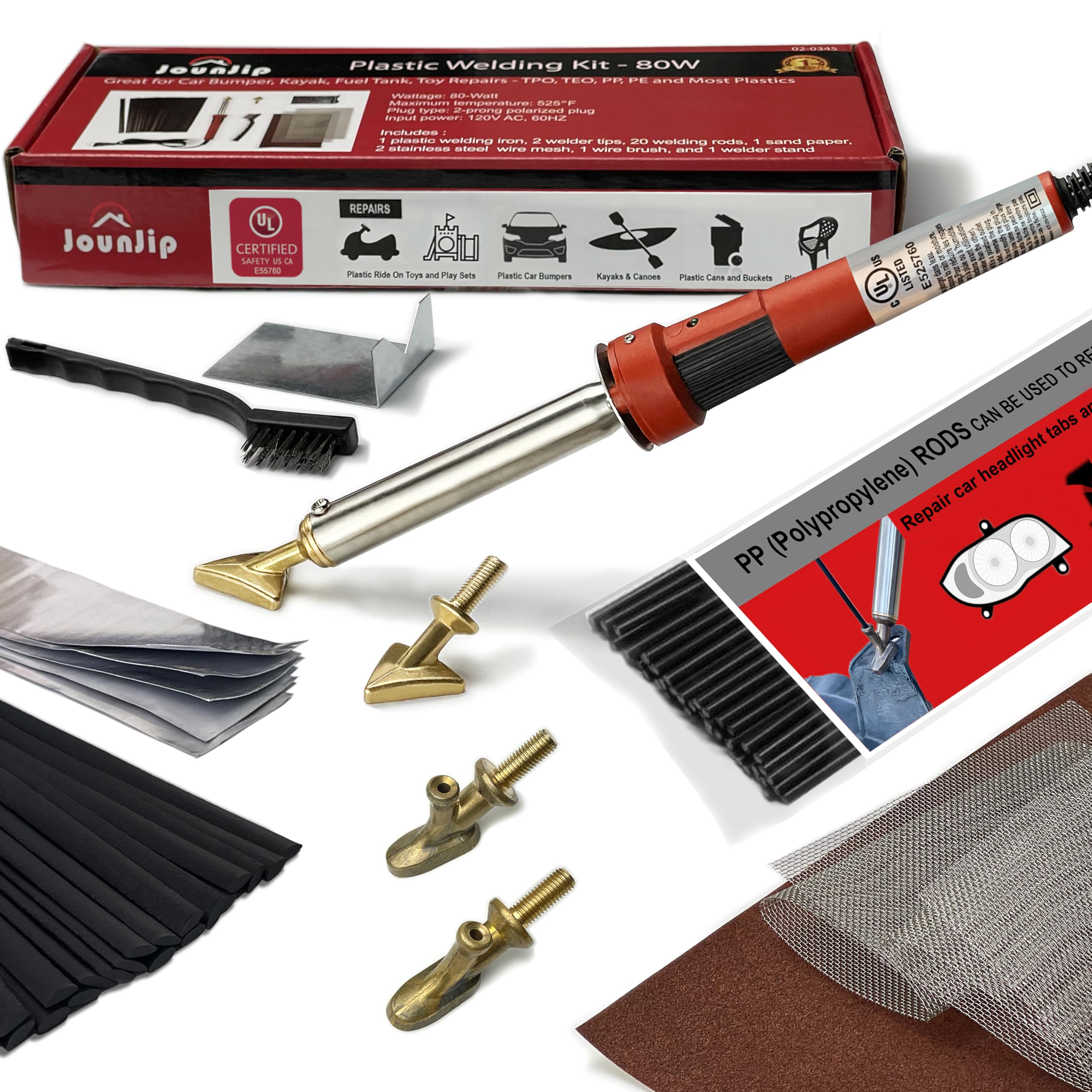 JOUNJIP Plastic Welding Kit Deluxe -UL Certified Plastic Welder 80W Iron- Professional Grade Plastic Repair Kit for Automotive Car Bumper, Kayak, Tank