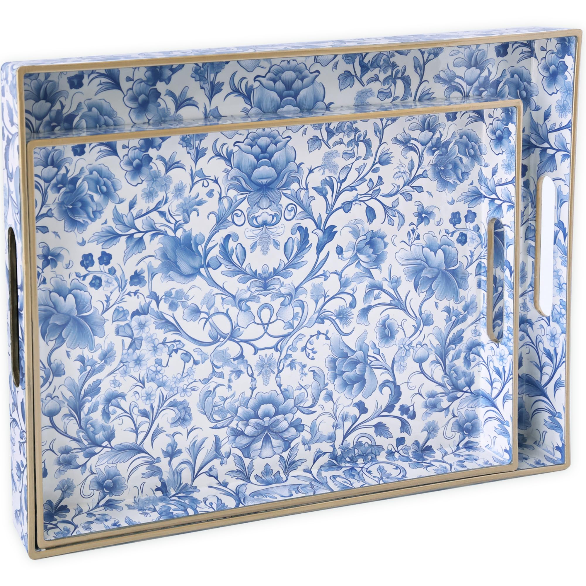 serving tray with handles, 2 pack rectangular plastic tray 15.75x11.81 inch, blue and white peony chinese porcelain style decorative tray for kitchen, dining table, vanity, office & home
