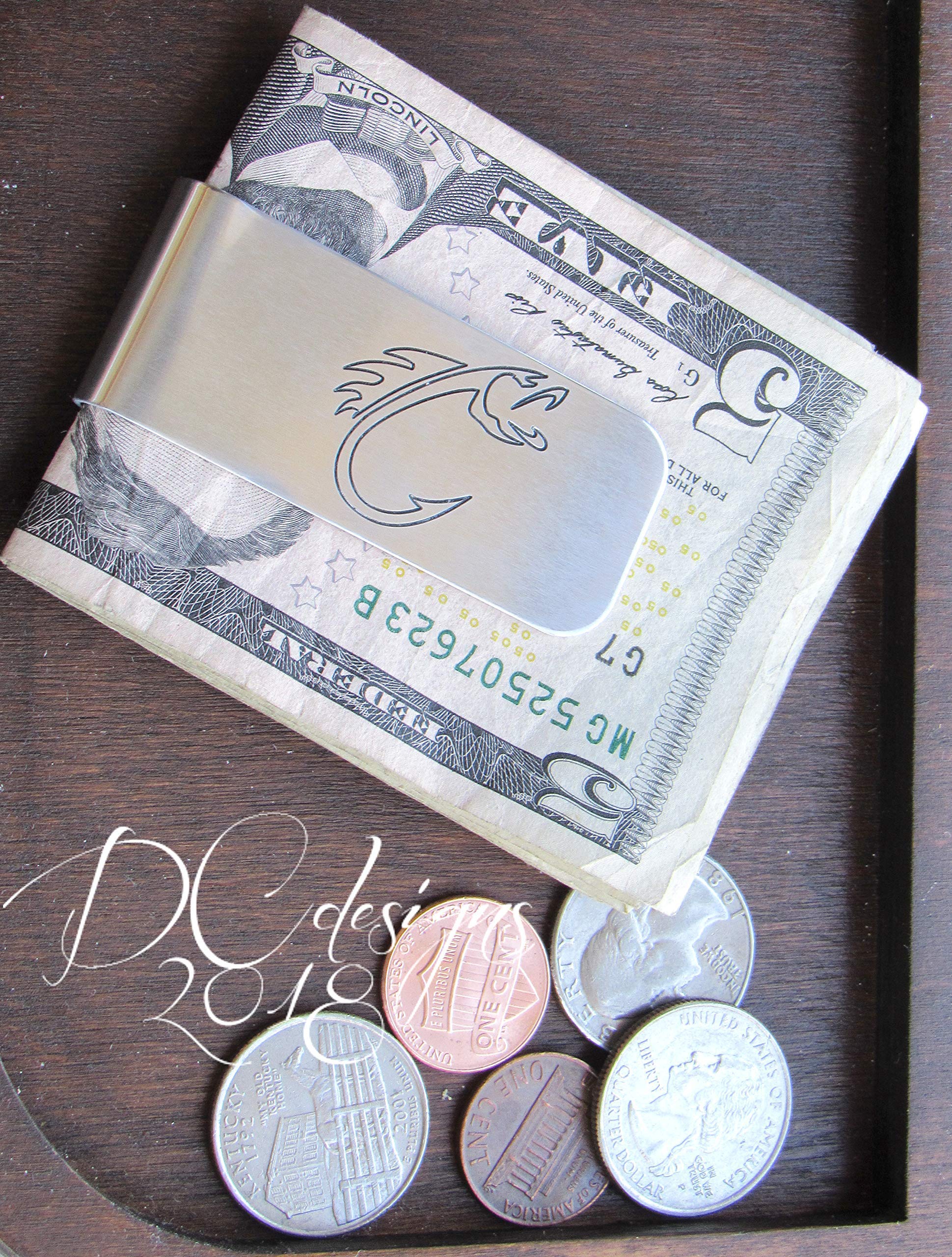 Fishing Money Clip, Fish Hook Wallet, Various Metals, Customize with Wording on Bothsides
