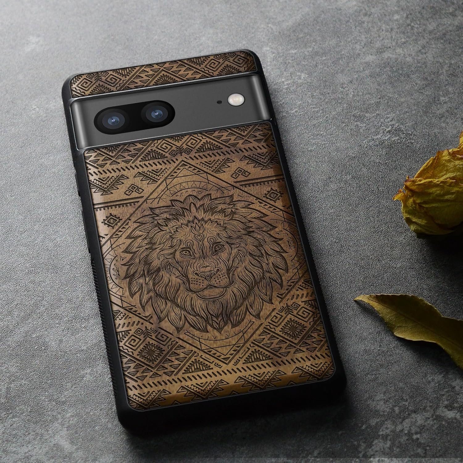 Carveit Wood Case for Pixel 7a Case [Natural Wood & Black Soft TPU] Shockproof Protective Cover Unique Wooden Phone Case Compatible with Google Pixel 7a (Filigree Lion-Walnut)