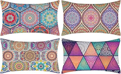 Fodere per Cuscini 30x50cm Bohémien Etnico Fodera Cuscino Mandala Colorato 4 Pezzi Copricuscini Decorativi in Cotone Biancheria per Divano Letto Auto Home Soggiorno Camera