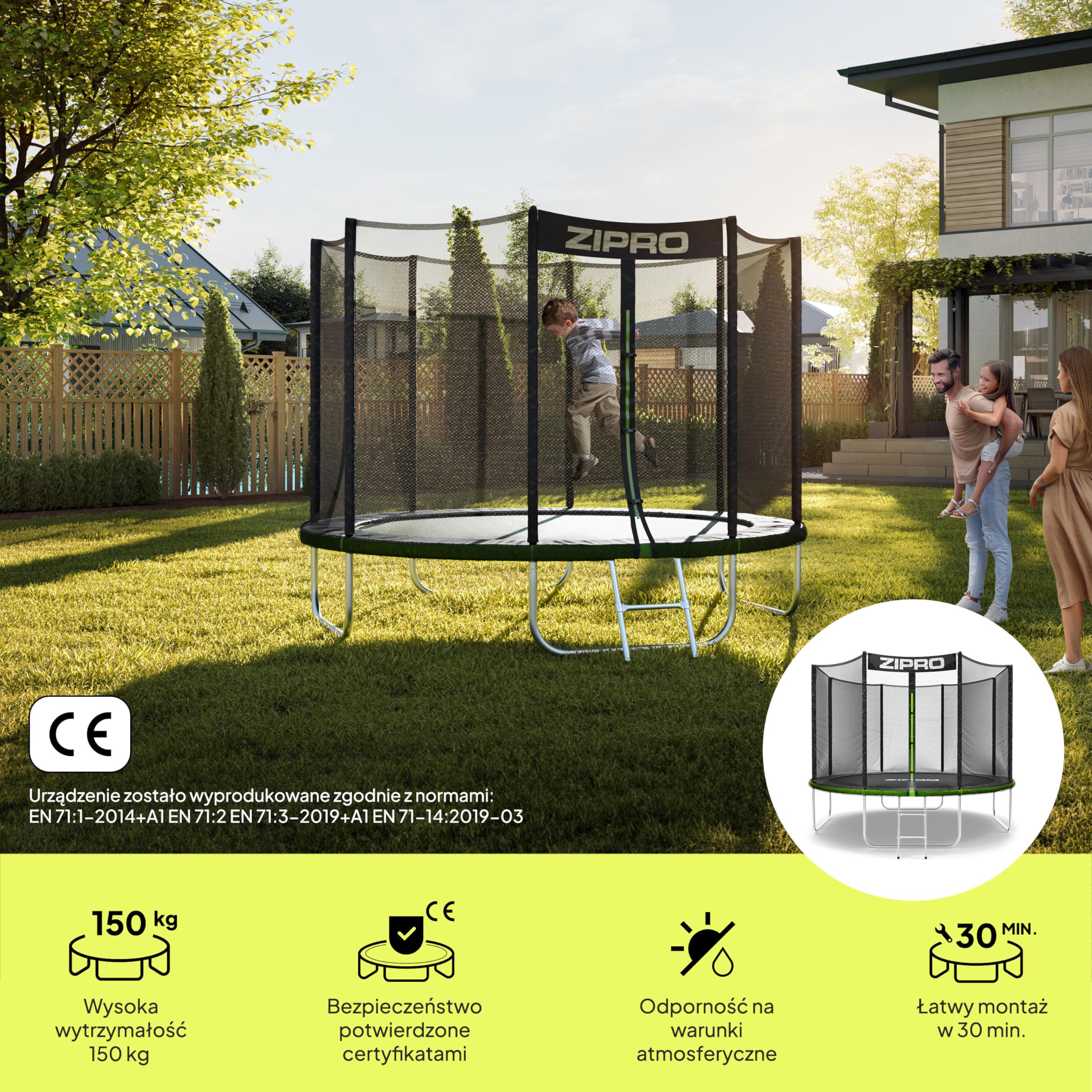 ZIPRO JumpPro OUT Trampolina Ogrodowa, Trampolina dla Dzieci, z Siatką Zewnętrzną, Odporna, Ochrona UV, Udźwig 100-150 kg