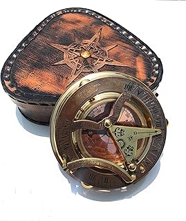 Handmade Brass Sundial Compass- Pocket Sundial -Brass Antiques West London -Beautiful Gift Item (Sundial W/case Design 2)