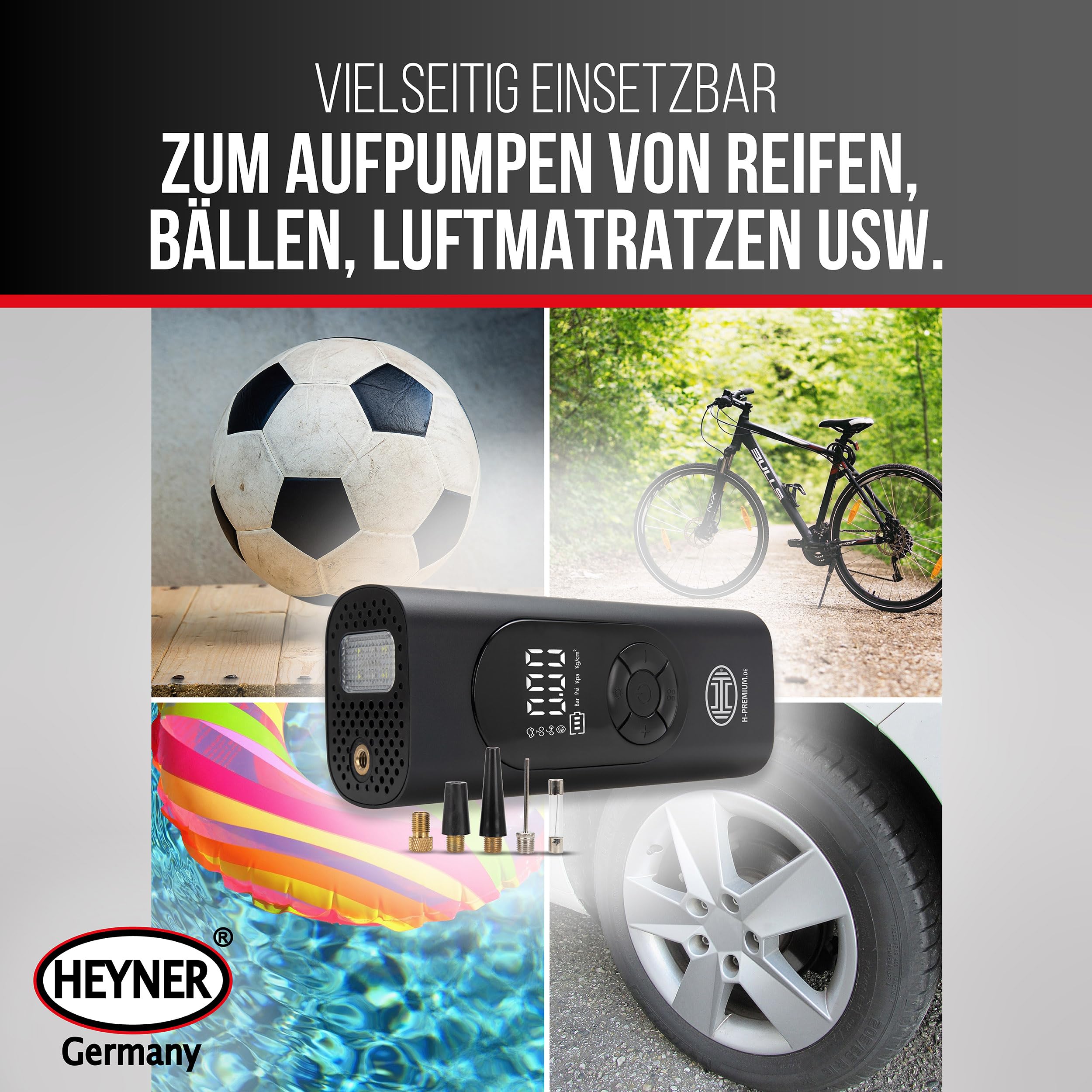 HEYNER® Luftkompressor mit 6000 mAh Akku, 10 bar, Auto-Stopp, LCD-Anzeige | Livebetrieb über 12 V am Fahrzeug, Powerbank mit 5 V / 2 A, LED-Licht mit SOS-Signal, Für Auto, Motorrad, Fahrrad und Camping
