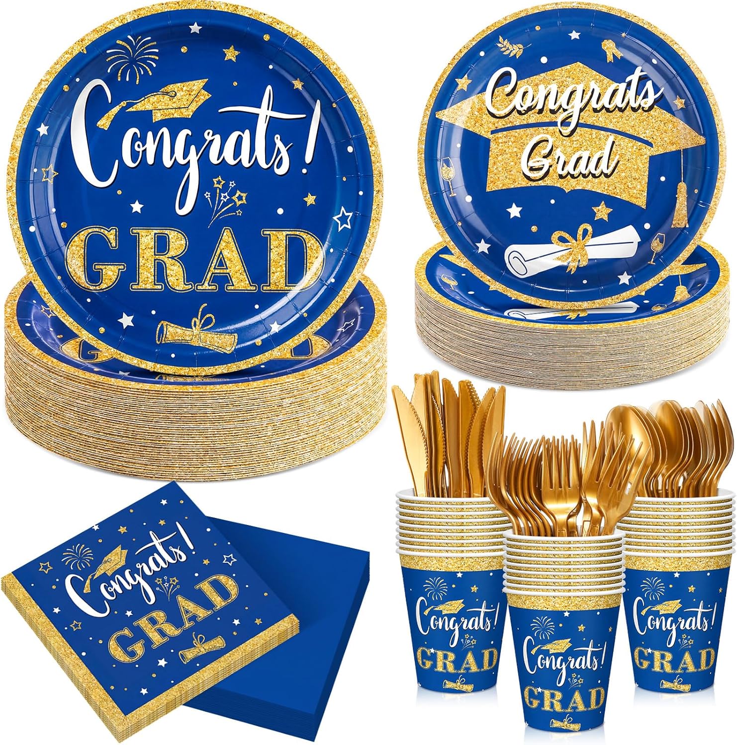 Domensi 400 Pcs 2026 Graduation Plates and Napkins Set Serve 50, Blue and Gold Graduation Party Supplies, Class of 2026 Paper Plates and Napkins 9oz Cup Knife Fork Spoon Congrats Grad Decorations