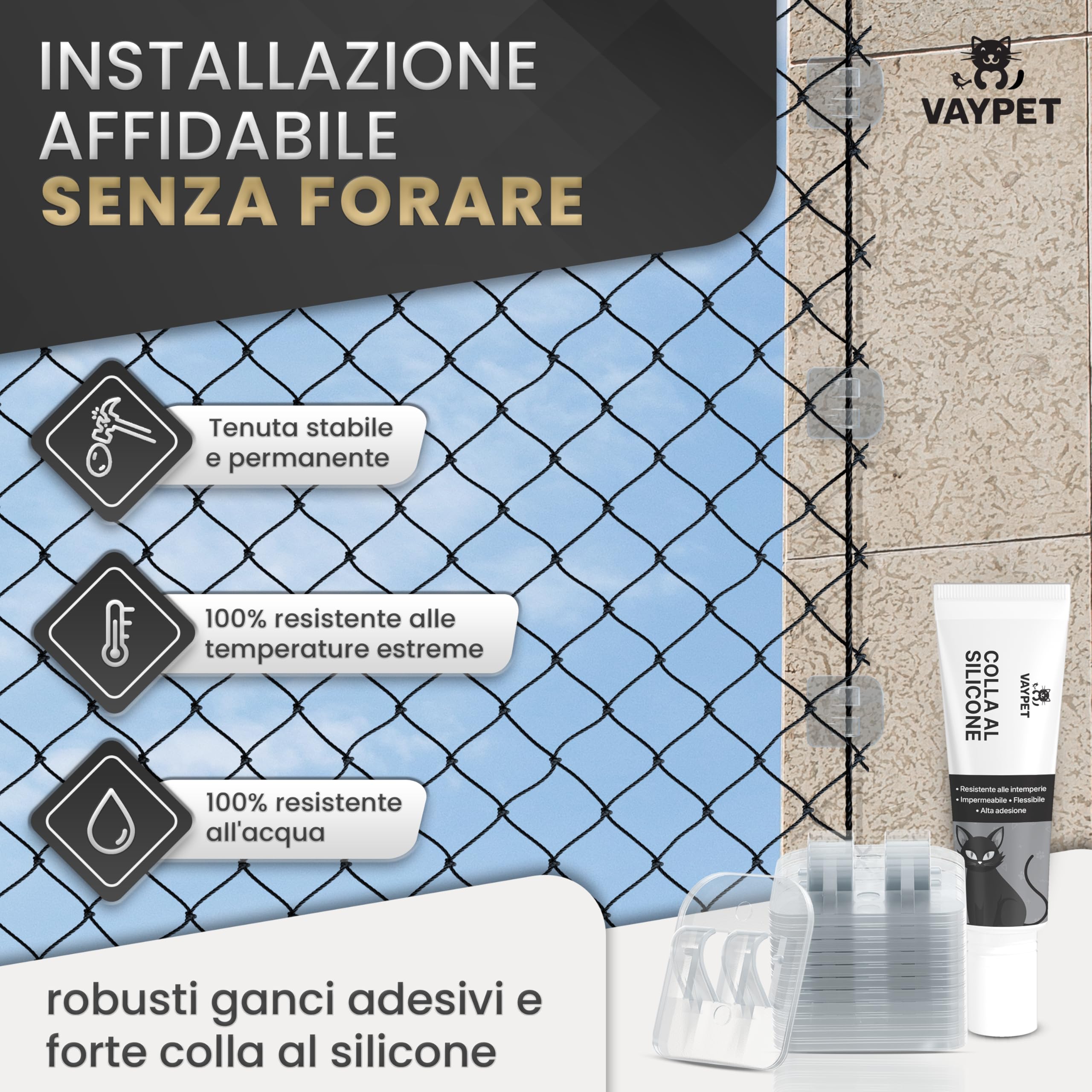 VAYPET® 50 Ganci Adesivi per Rete Gatti e Colla siliconica [30ml] - Fissaggio Rete Protezione Gatti Balcone e Finestra Senza Fori | Ferma Rete e aggancio rapido | Ideale per Esterno e Cemento