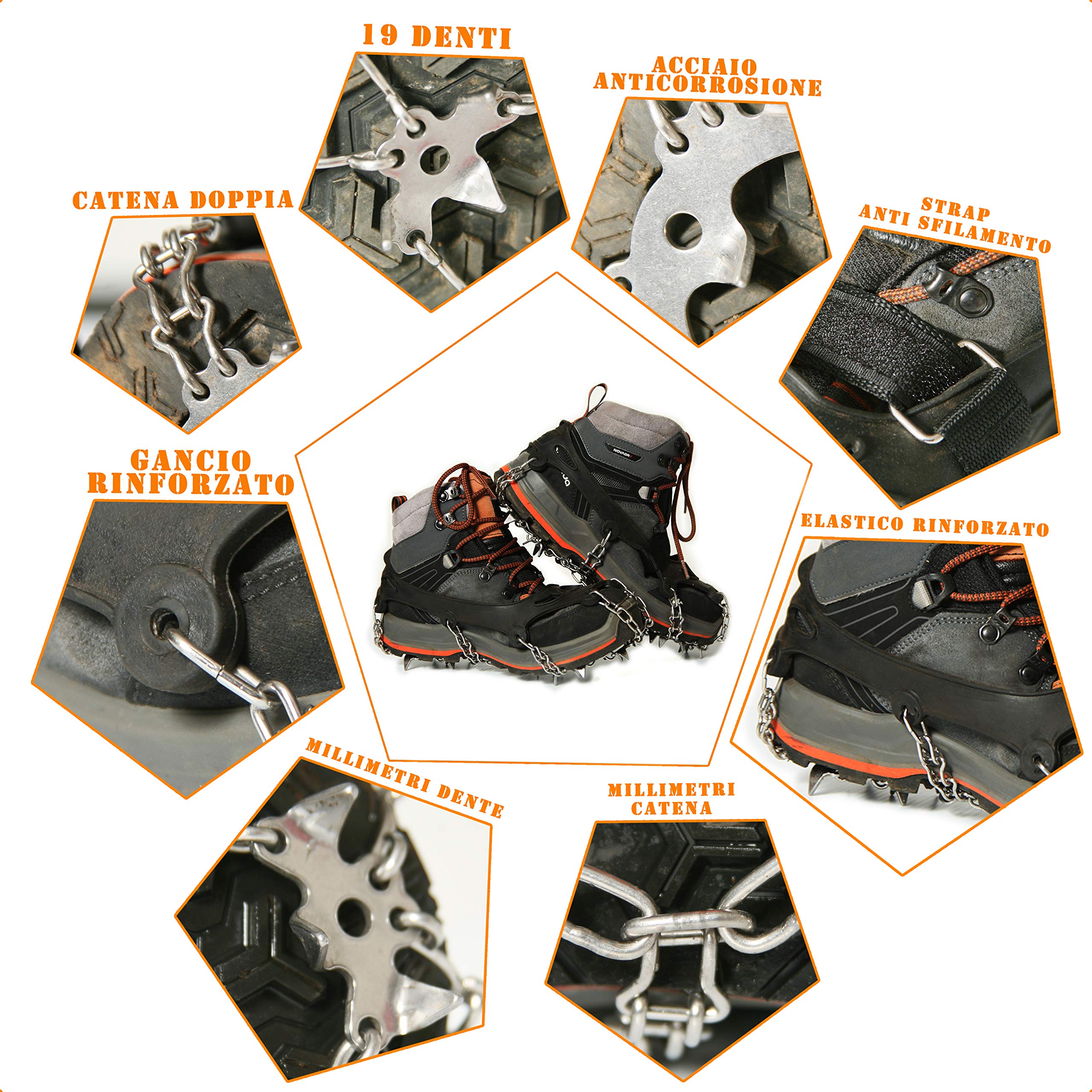 Ramponi Da Ghiaccio Neve Con Ghette Impermeabili Omaggio Universali 19 Denti Per Scarponi Scarpe Antiscivolo Montagna Acciaio Inox Trekking Trail Running Ramponcini Boscaiolo Leggeri
