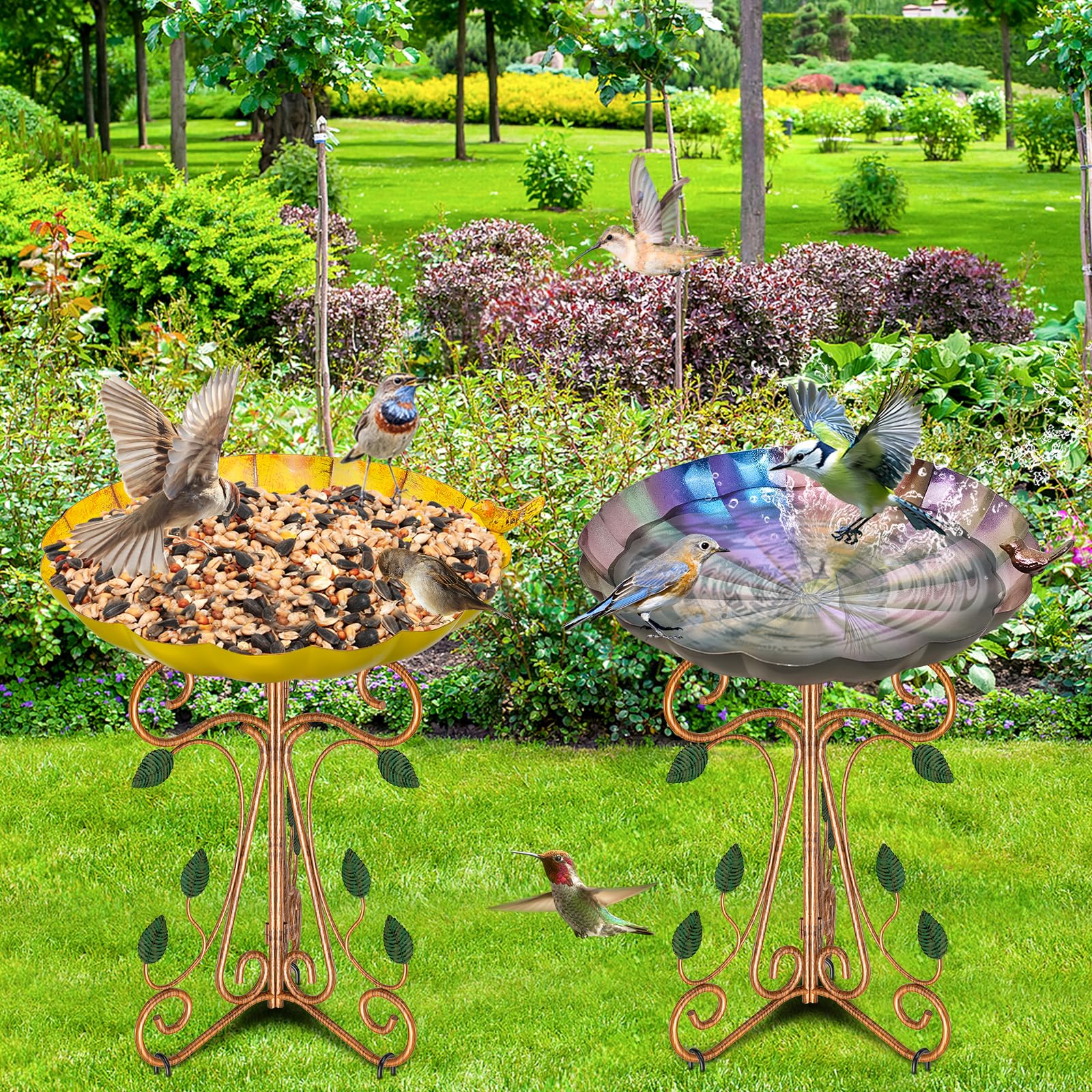 Bañera de Metal Vintage para pájaros al Aire Libre diámetro 33 cm Cuenco de baño para pájaros con Pedestal de Hierro Fundido, comedero Grande Antiguo para pájaros con asa Plegable para jardín, Patio