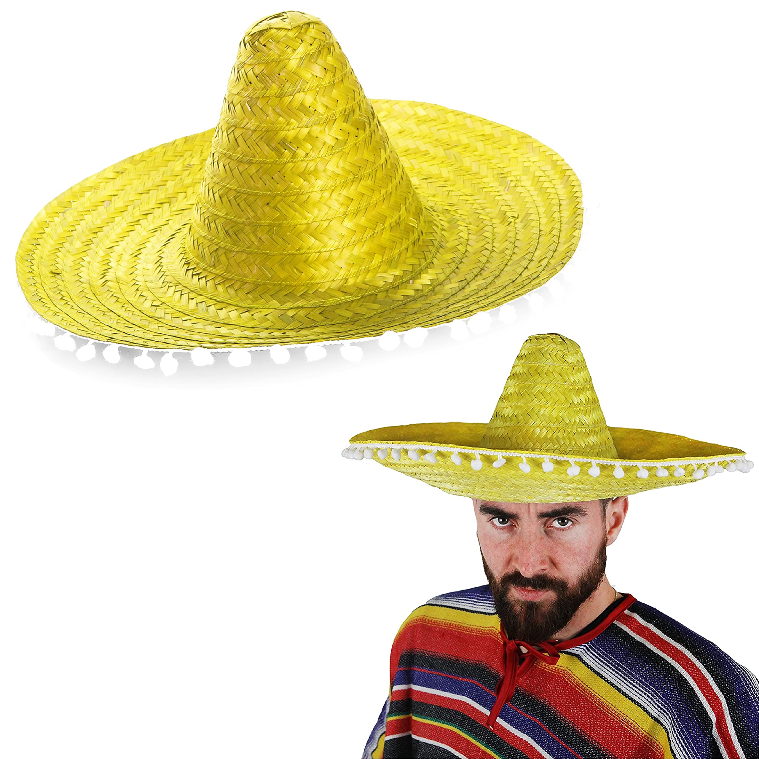 Wholesale Mexican Sombreros - Pack of 1 - Yellow Sombrero with White Pom Pom Edging - Mexico Cinco de Mayo Mariachi Fiesta Fancy Dress Costume Accessory