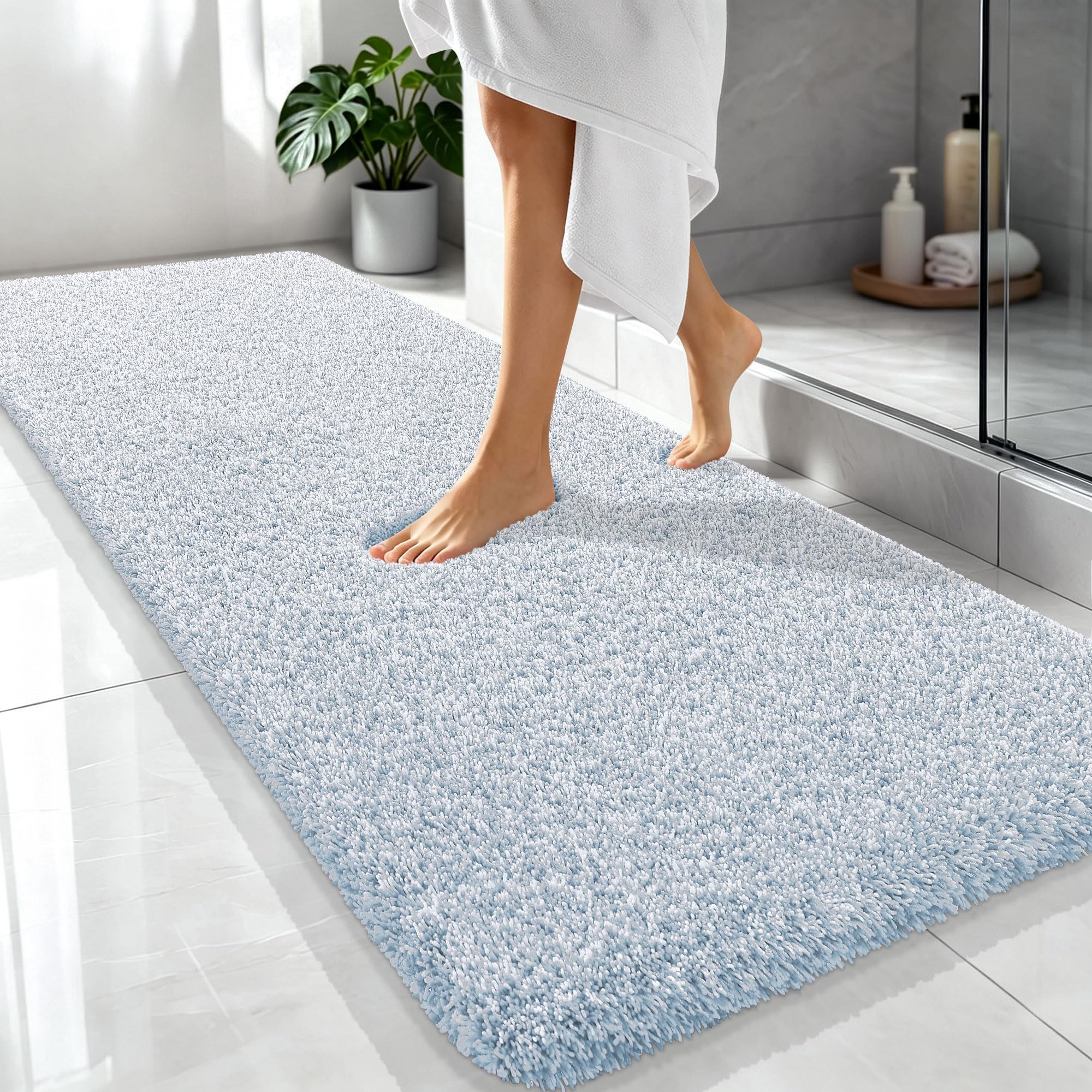 OLANLY Microfiber Bathroom Rugs 70x24, Quick Dry Mat, Airy Blue and White