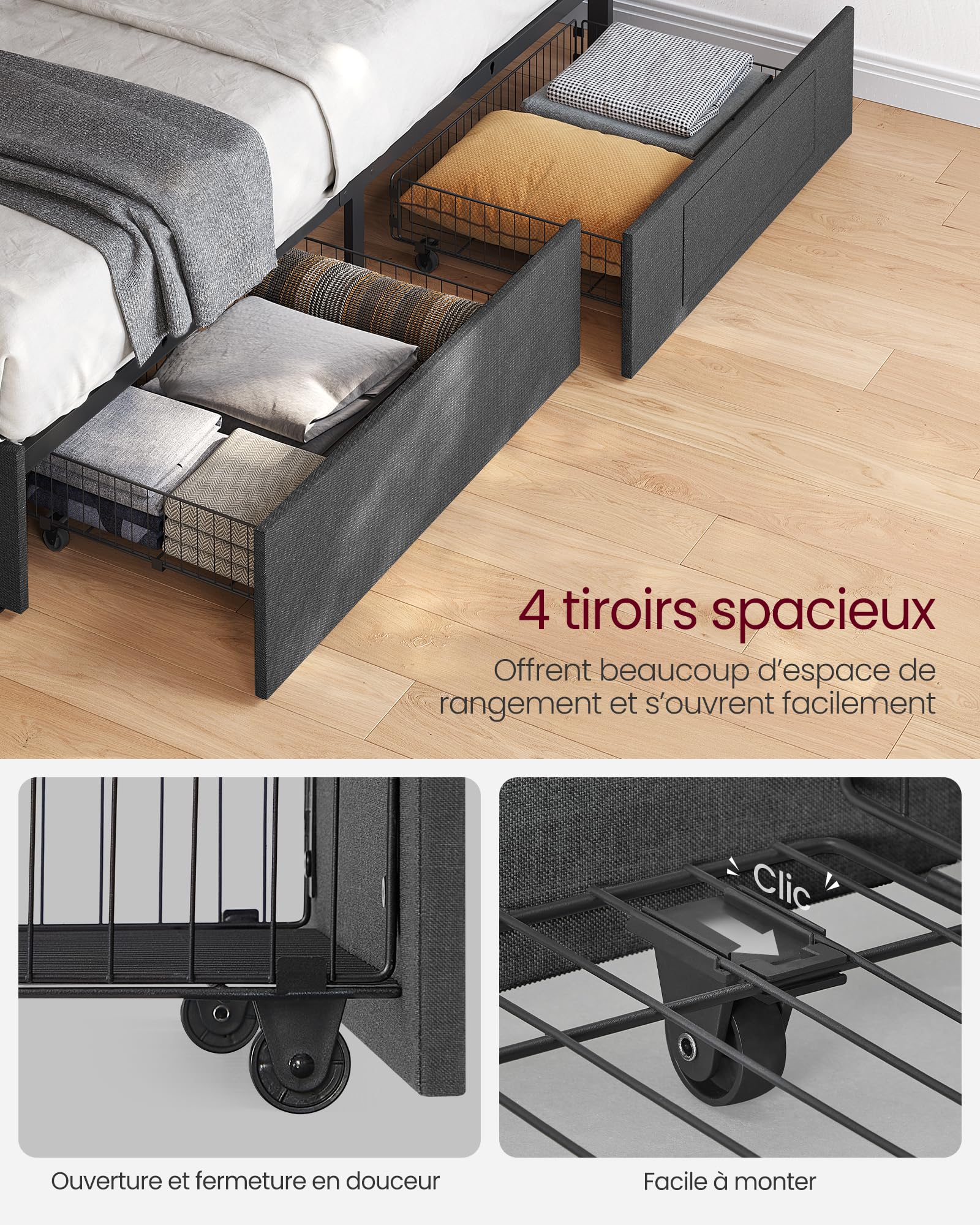 VASAGLE Lit Double, 140 x 190 cm, avec LED, en Métal, 4 Tiroirs, Multiprise, Tête de Lit Rembourrée Ajustable, Pas Besoin de Sommier, Gris Ardoise et Noir Mat RMB826G02