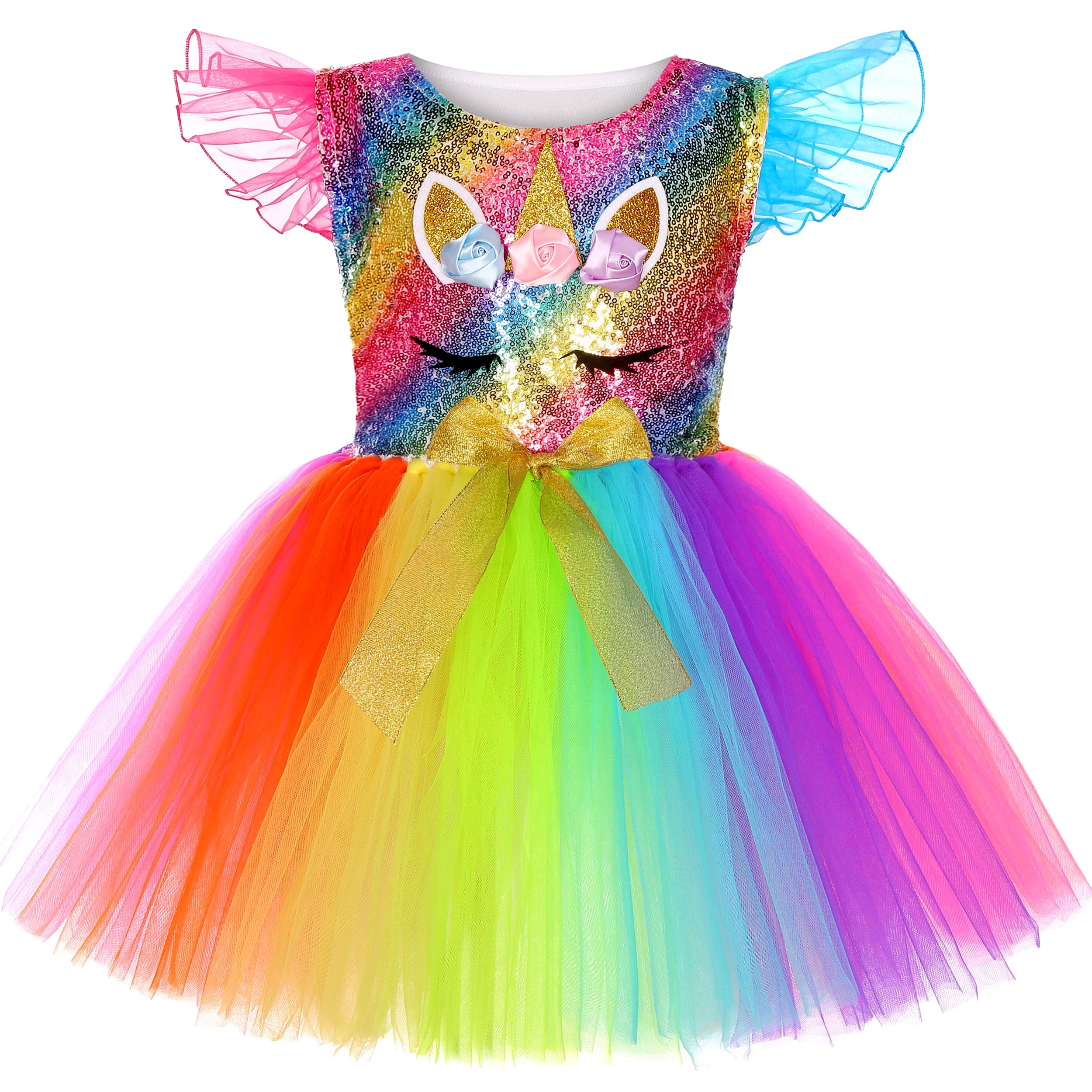 Soyoekbt Girls Unicorn Costume LED Light Up Unicorn Dress for Girls Princess Birthday Party Dress Up (5-6 Years)