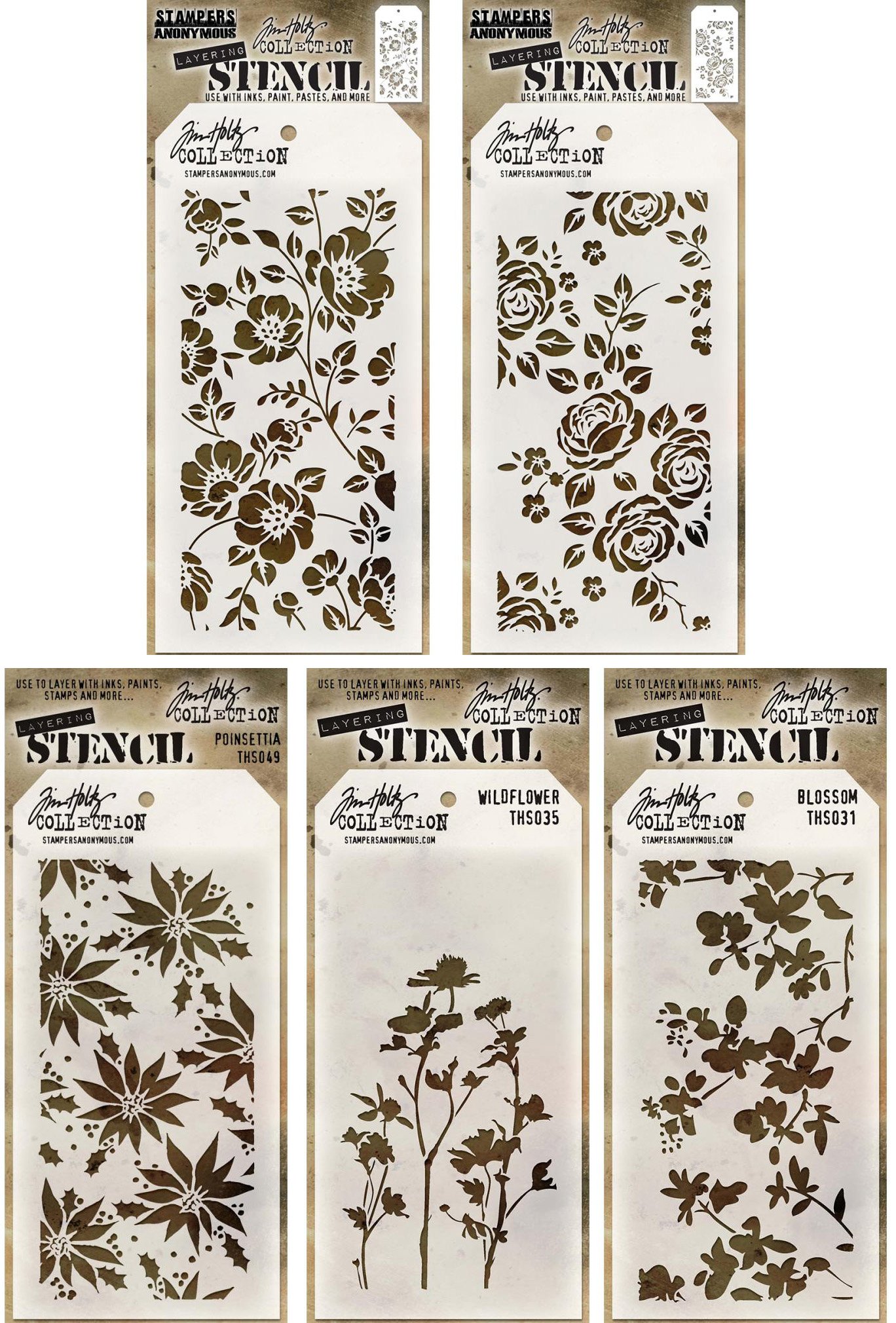 Tim Holtz - Stencils Set 10 ("Flowers") - Five Item Bundle - Roses, Floral, Blossom, Poinsettia, and Wildflower