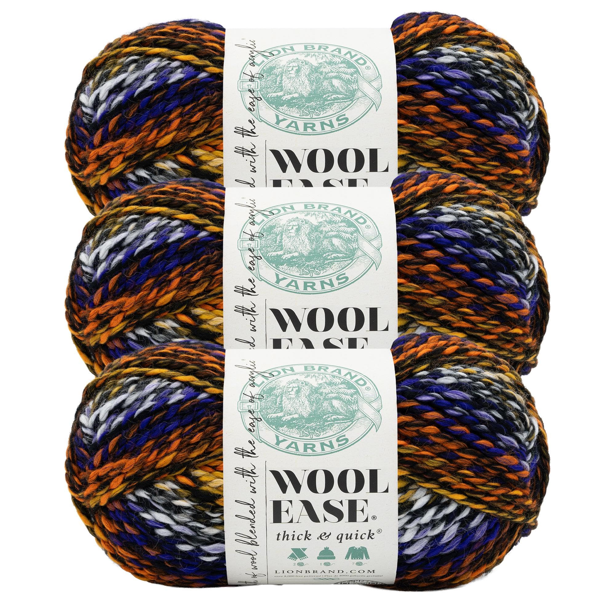 Lion Brand Yarn, Wool-Ease Thick & Quick, Hallow Grove, Multicolor, 3 Pack