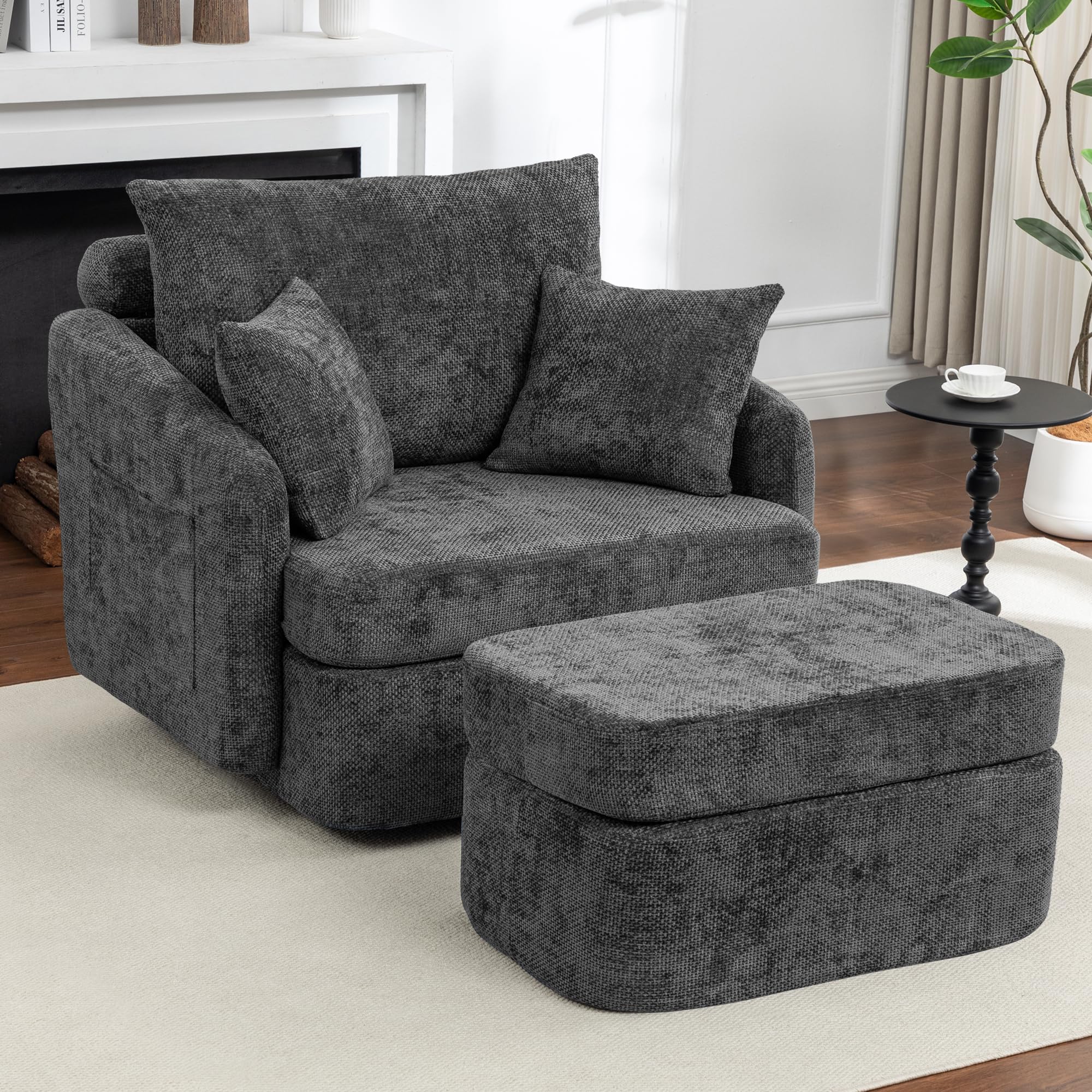 Hobooment 39''W Oversized Accent Chair with Ottoman,Comfy Swivel Lounge Reading Chairs for Living Room,Bedroom (Chenille Grey)