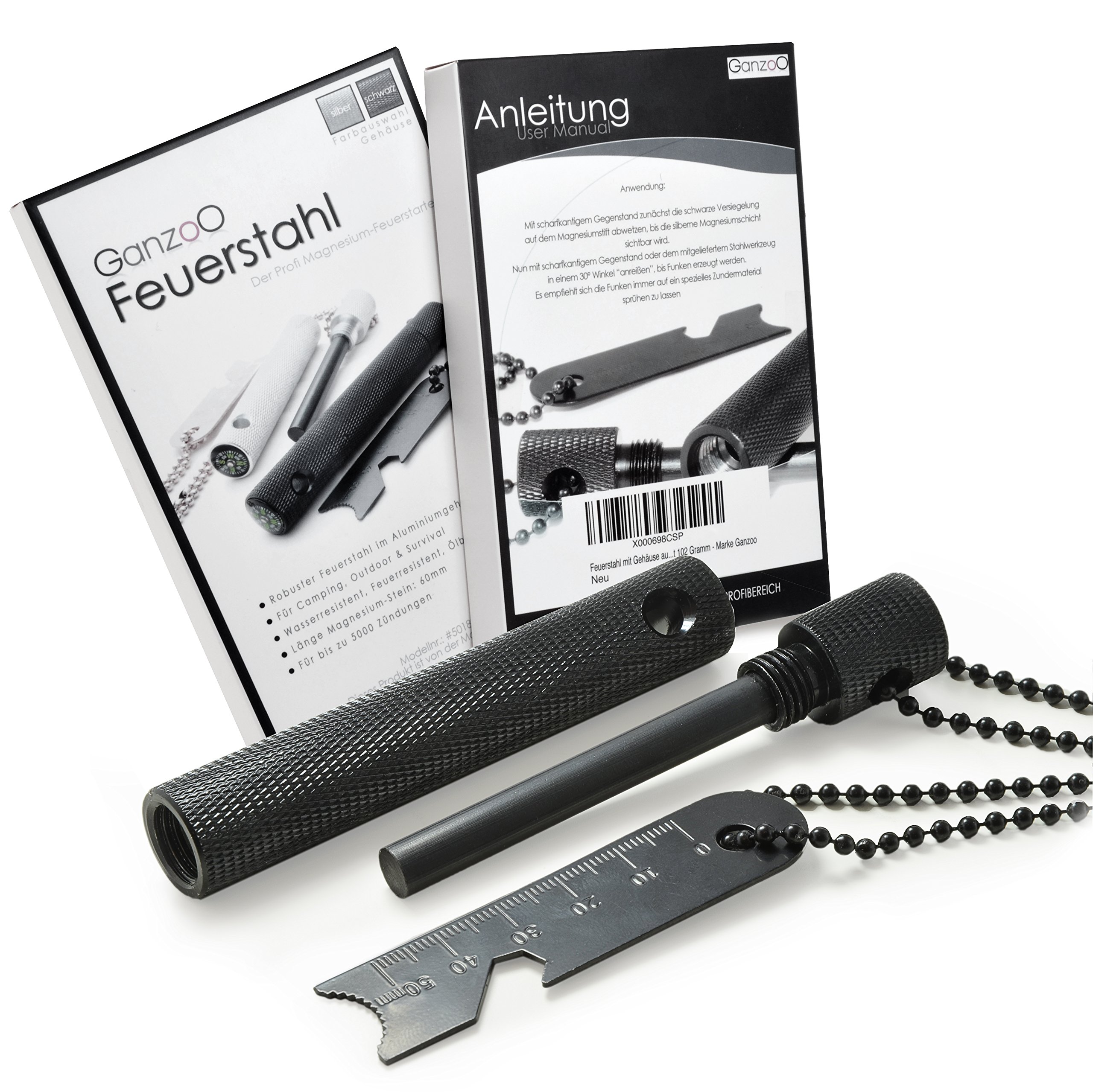 Ganzoo acciarino da esterno in magnesio con custodia alluminio CNC, nero, set con compasso e fischietto, utensile in acciaio per scintille e raschiatura con apribottiglie e righello 5cm, 120x17x17 mm