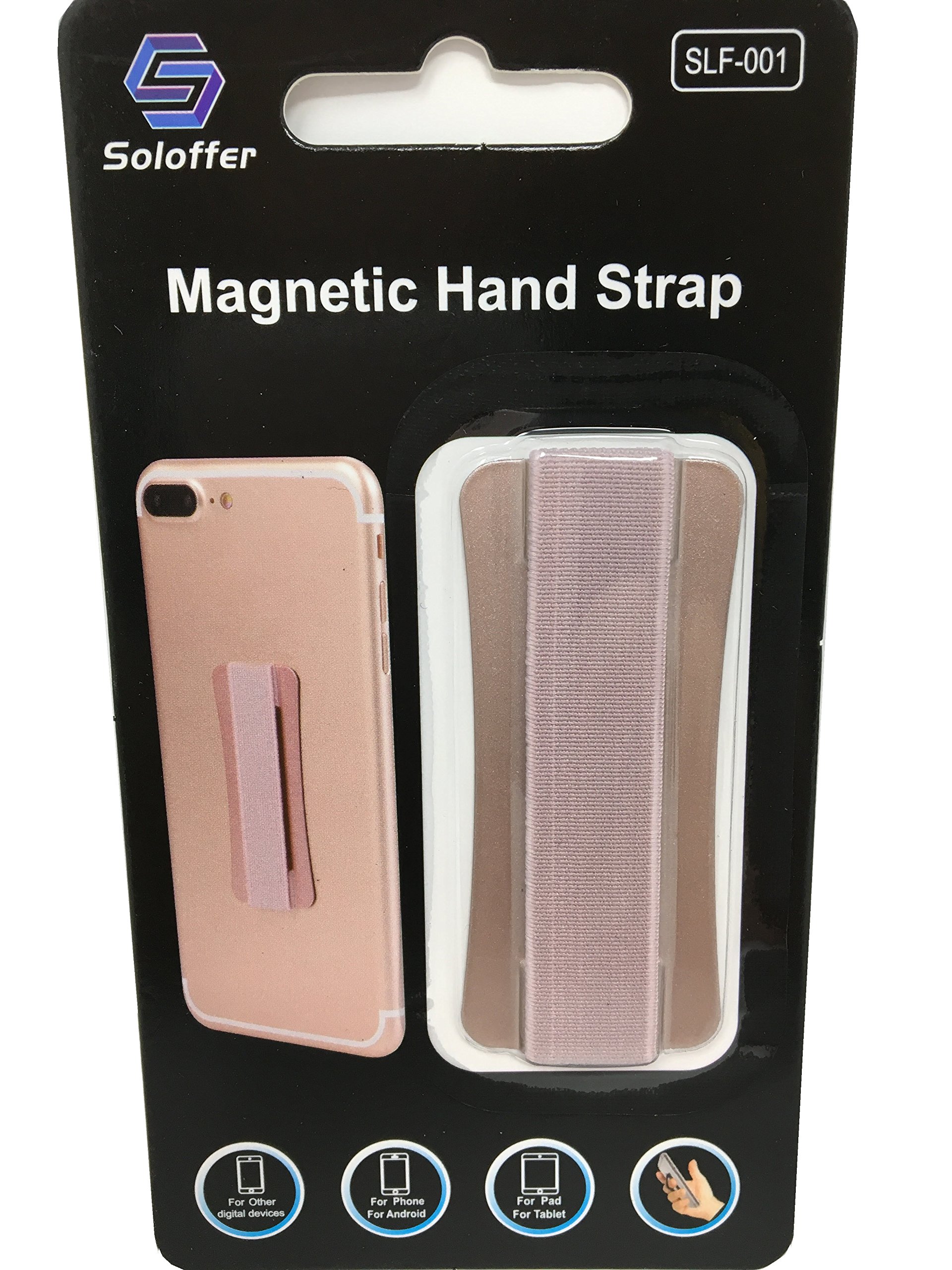 Soloffer Magnetic Hand Strap - Holds Device with Fingers - Extreme Thin - for Most Mobile/Tablet Devices - Compatible with Magnet Phone Car Holder (Rose Gold)