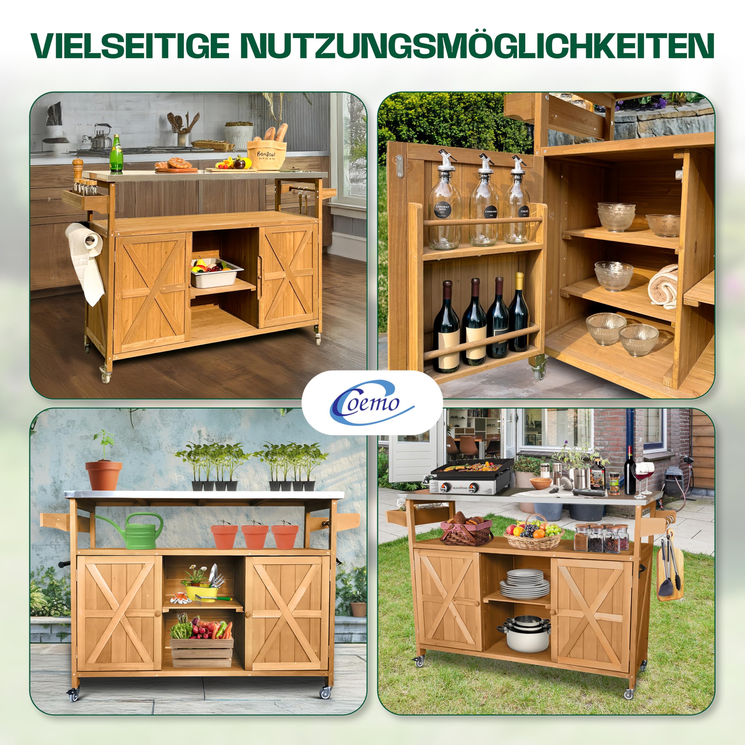 Coemo James - Carrito de cocina con ruedas (madera, tapa de acero inoxidable, isla de cocina con puertas, toallero, armario de cocina, con ruedas, 138 x 47 x 92 cm)