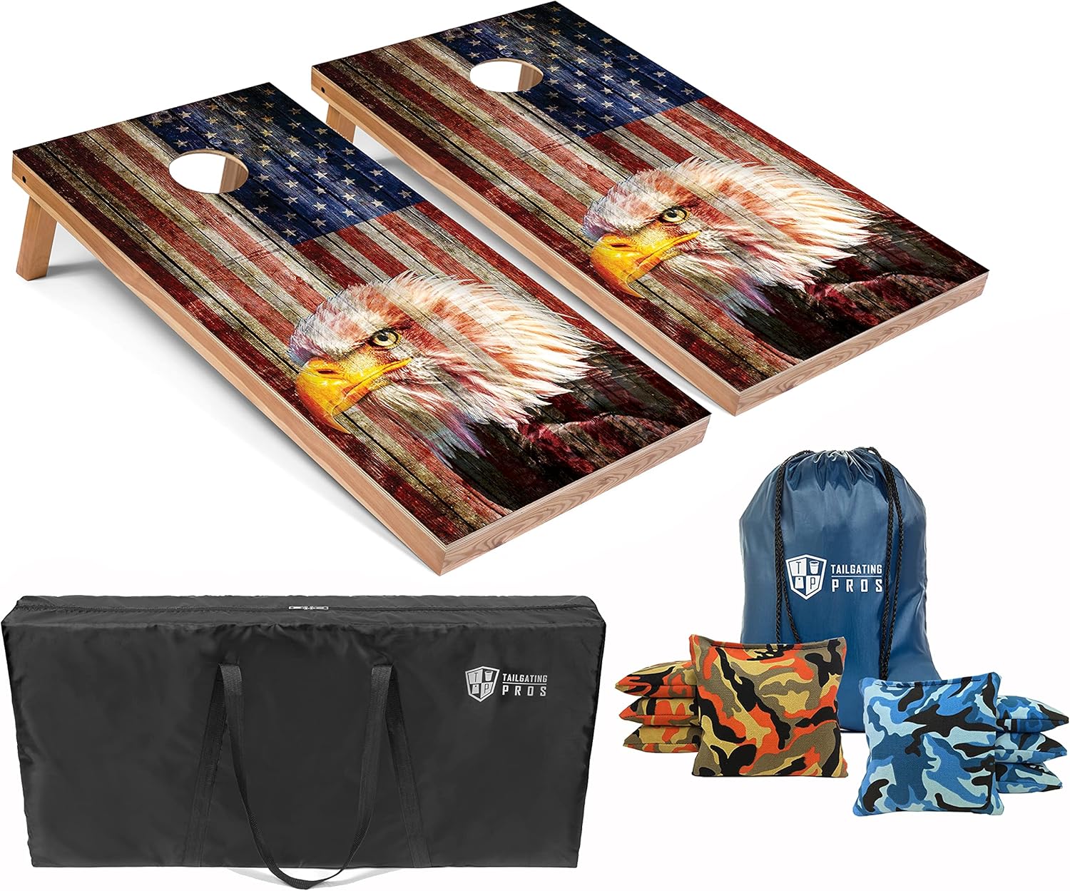 Tailgating Pros Patriotic Eagle US Flag Design Cornhole Board Set w/Bean Bags and Carrying Case - 4'x2' Corn Hole Toss Game - Optional LED Lights