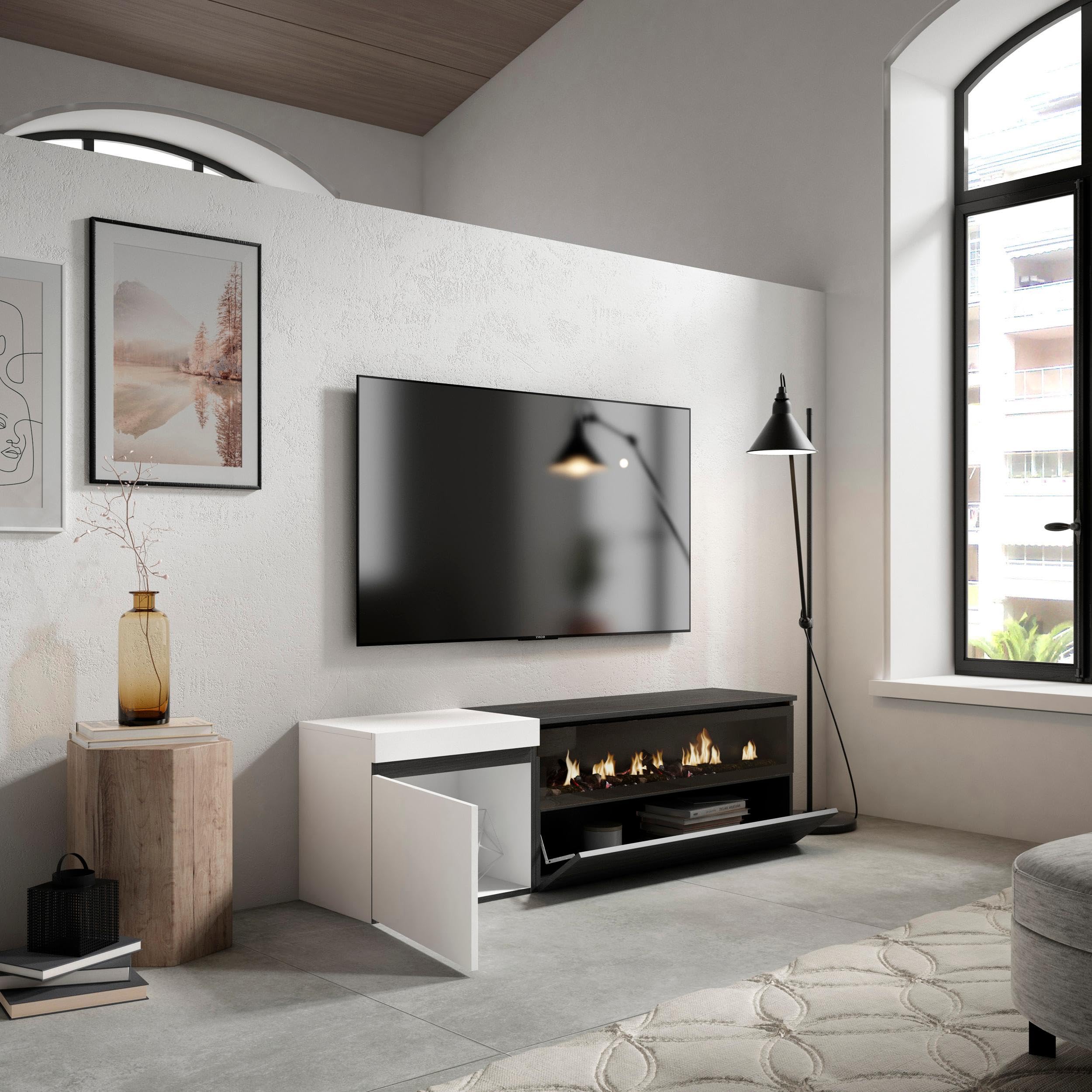 Skraut Home | Mueble TV | Televisión | Muebles de salón, almacenaje | 150x45x35cm | para TV hasta 65" | Chimenea eléctrica | Estilo Moderno | Blanco y Negro