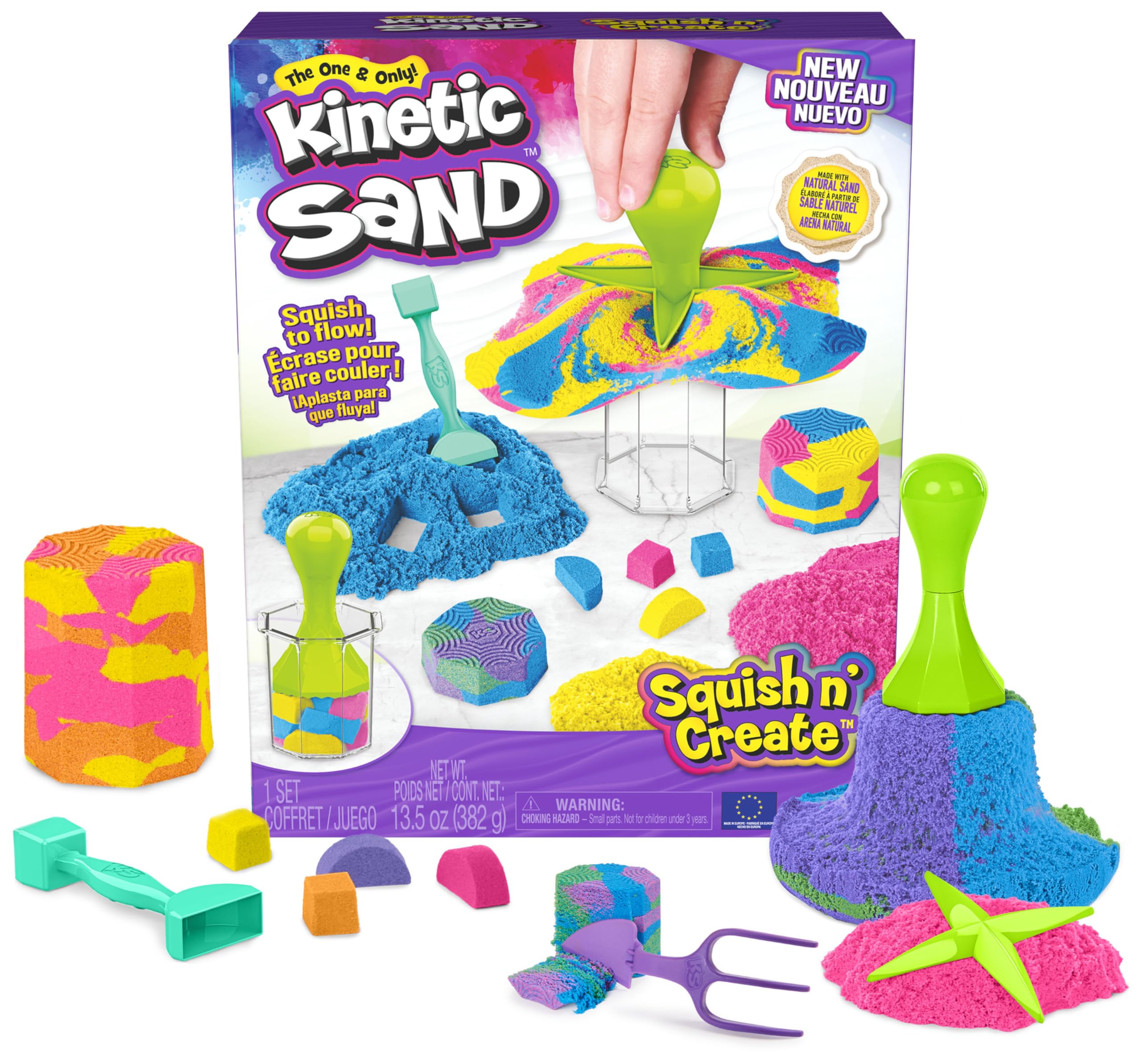 KINETIC SAND SABLE MAGIQUE - SQUISH N'CREATE 380 G + 5 MOULES - Créez Différentes Formes Hypnotisantes avec Ce Sable Magique Et Coloré comme De La Pâte A Modeler - Jouet Enfant 3 Ans Et +